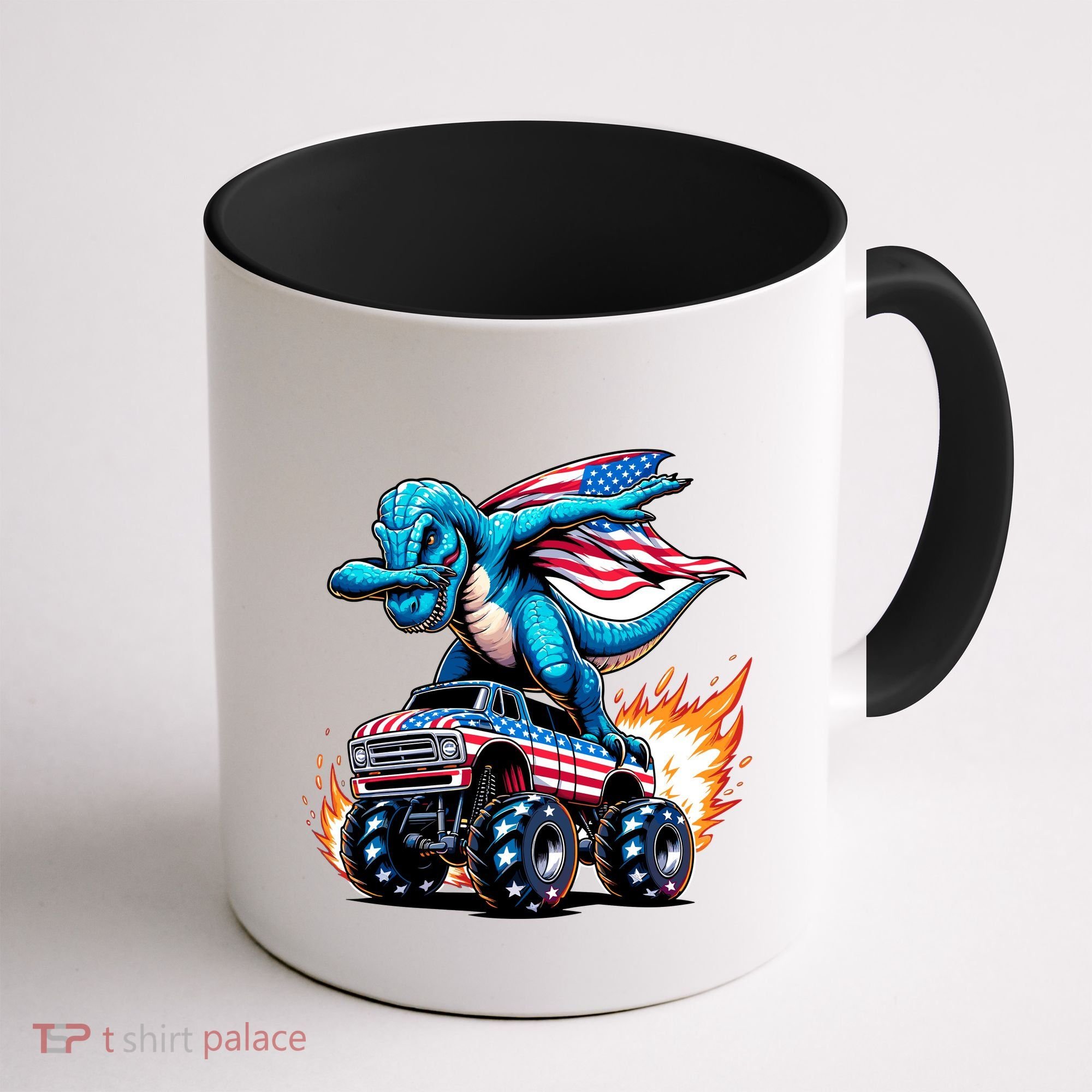 Patriotic T Rex Dabbing Monster Truck Coffee Mug