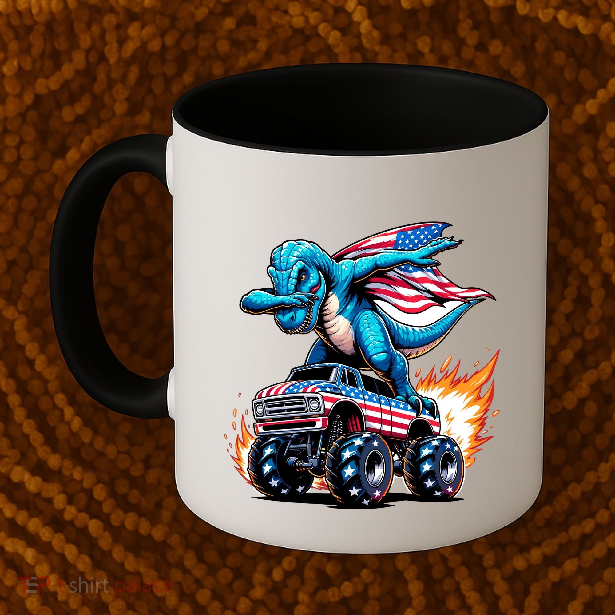 Patriotic T Rex Dabbing Monster Truck Coffee Mug