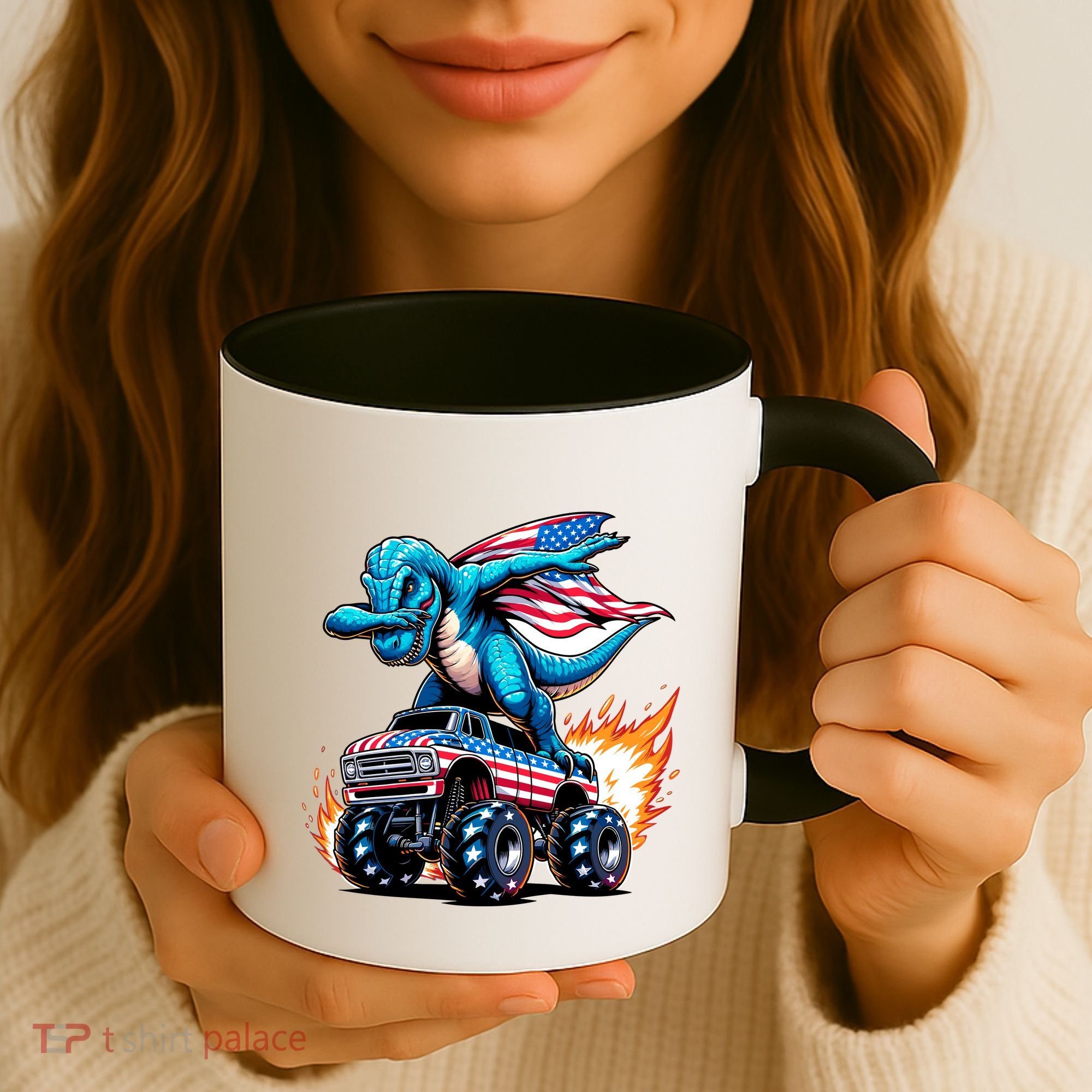 Patriotic T Rex Dabbing Monster Truck Coffee Mug