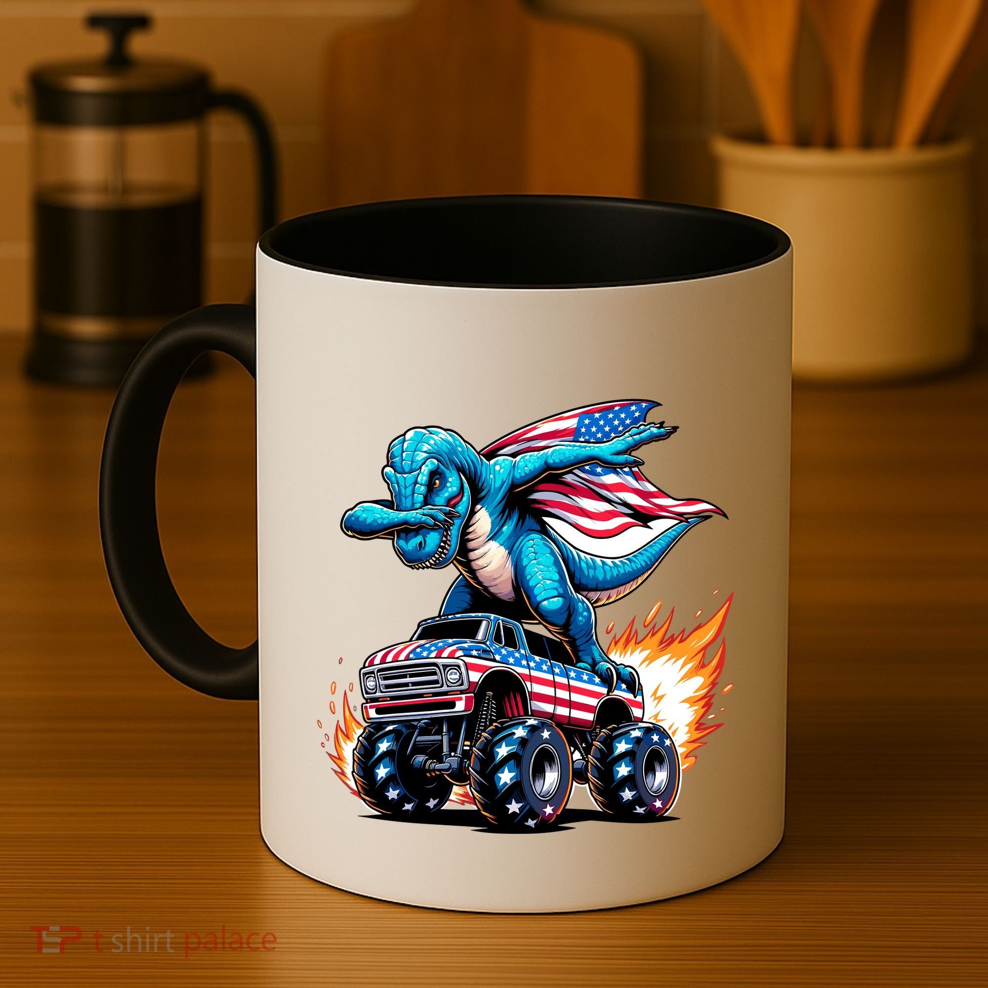 Patriotic T Rex Dabbing Monster Truck Coffee Mug