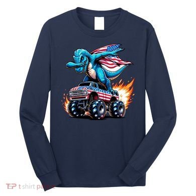 Patriotic T Rex Dabbing Monster Truck Long Sleeve Shirt