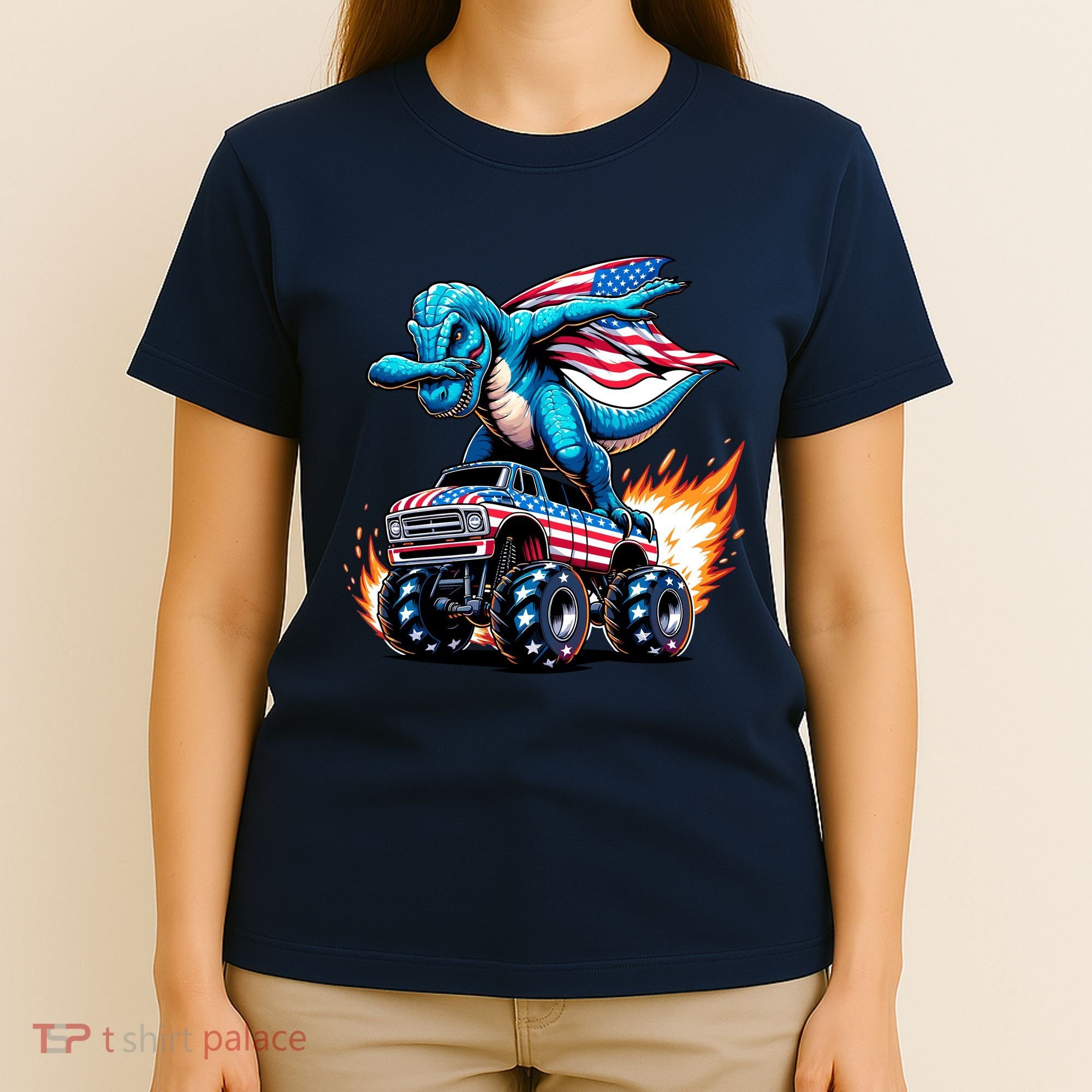 Patriotic T Rex Dabbing Monster Truck T-Shirt