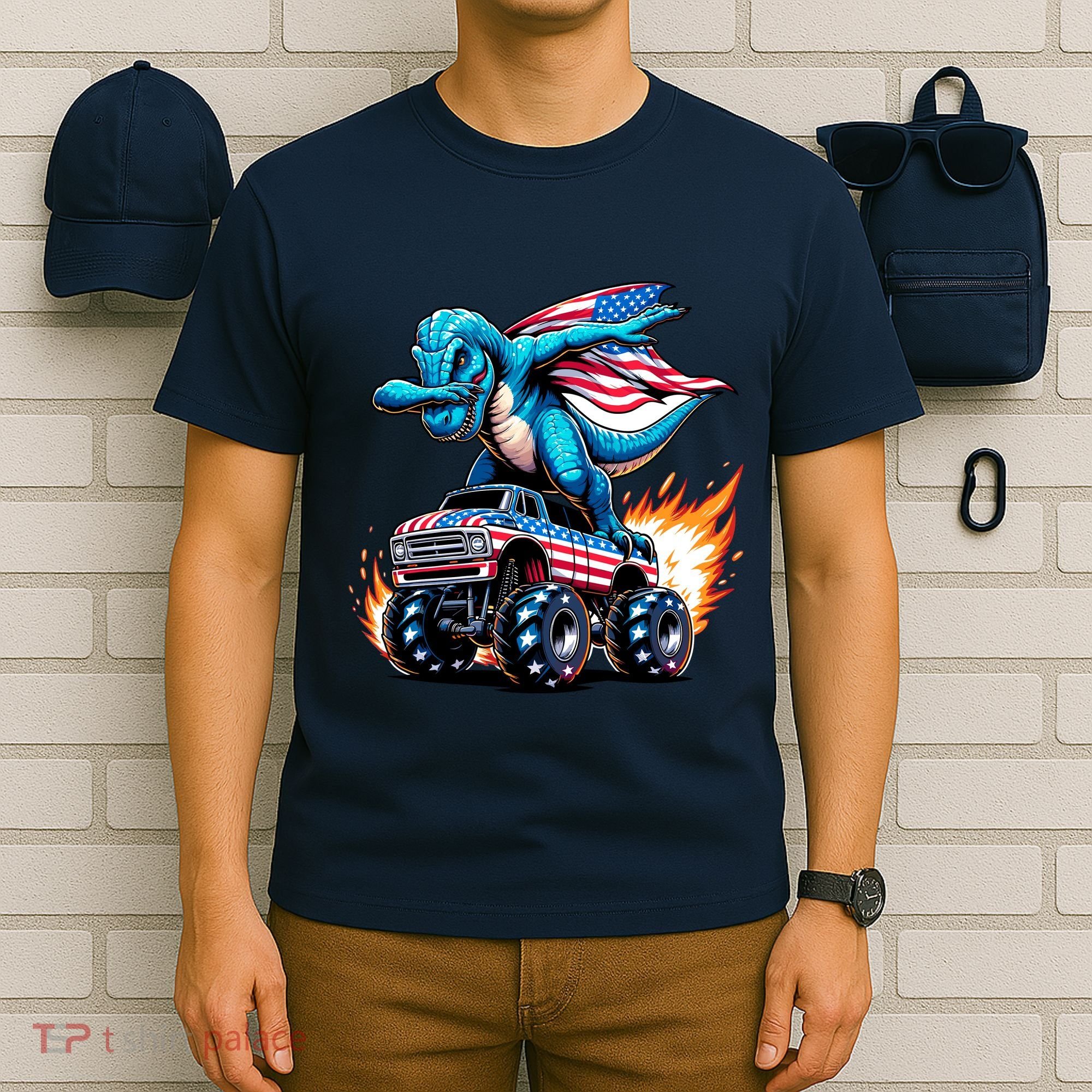 Patriotic T Rex Dabbing Monster Truck T-Shirt