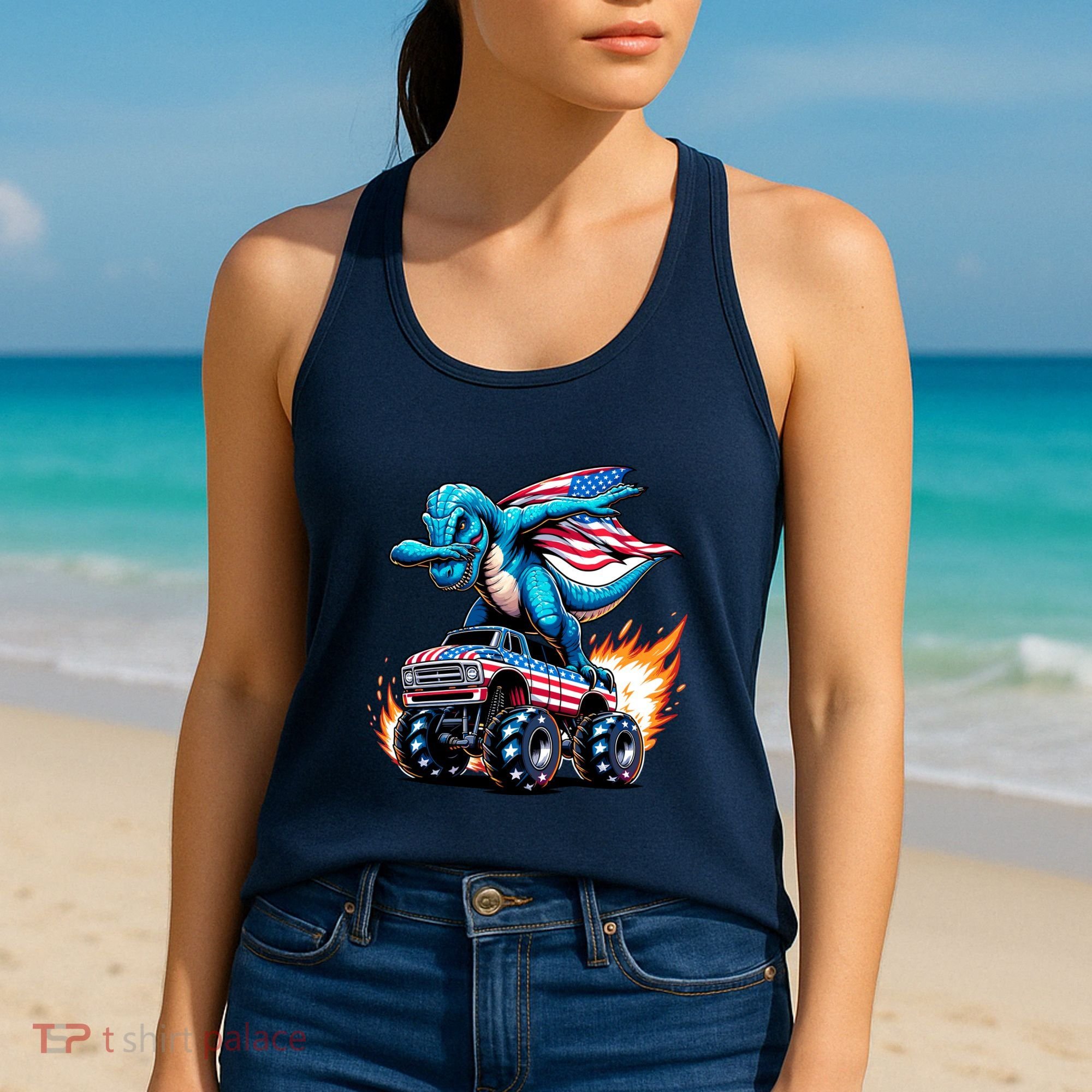 Patriotic T Rex Dabbing Monster Truck Women's Tank Top
