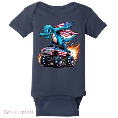 Patriotic T Rex Dabbing Monster Truck Baby Bodysuit
