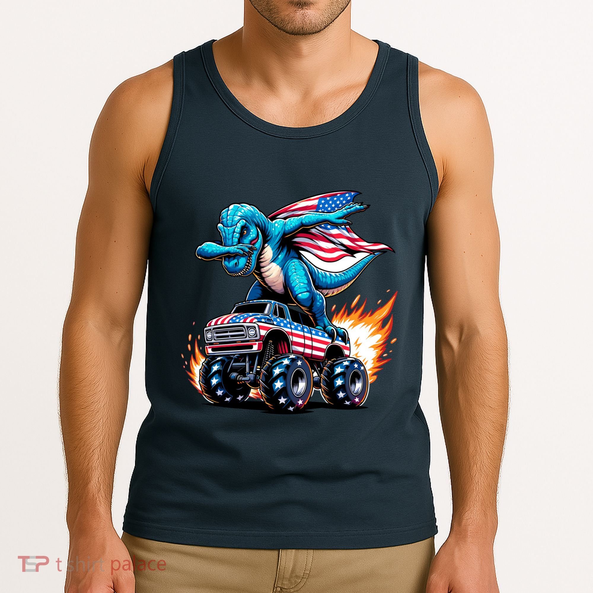 Patriotic T Rex Dabbing Monster Truck Tank Top