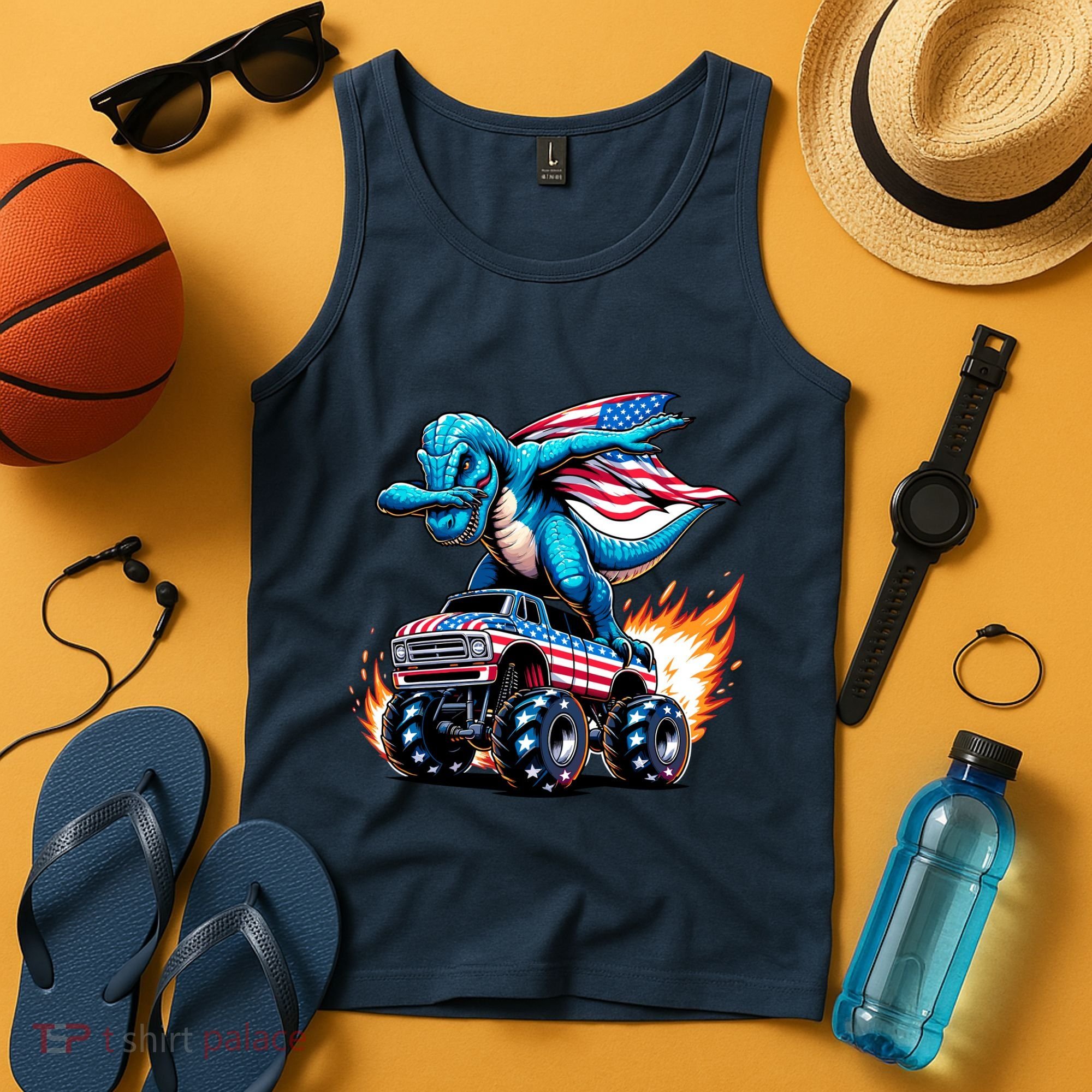 Patriotic T Rex Dabbing Monster Truck Tank Top