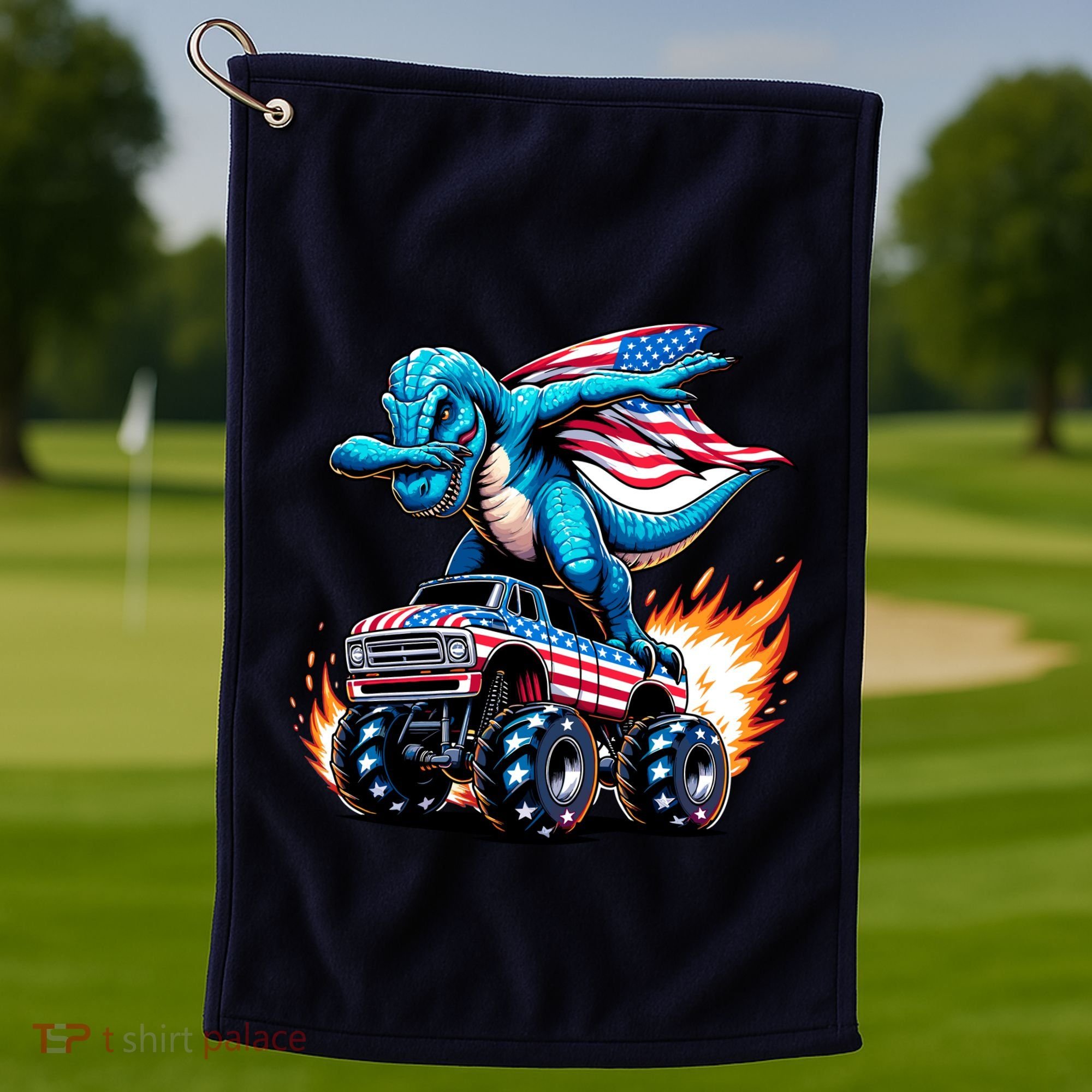 Patriotic T Rex Dabbing Monster Truck Golf Towel