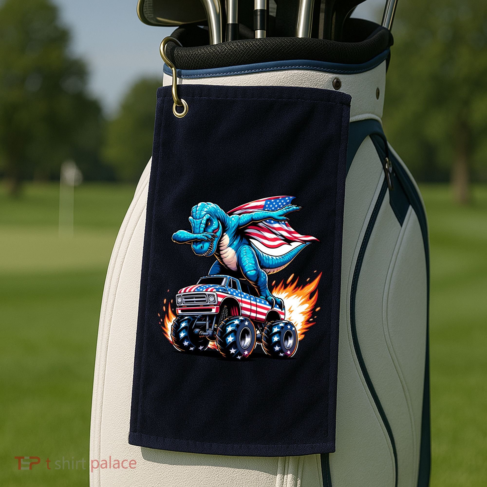 Patriotic T Rex Dabbing Monster Truck Golf Towel