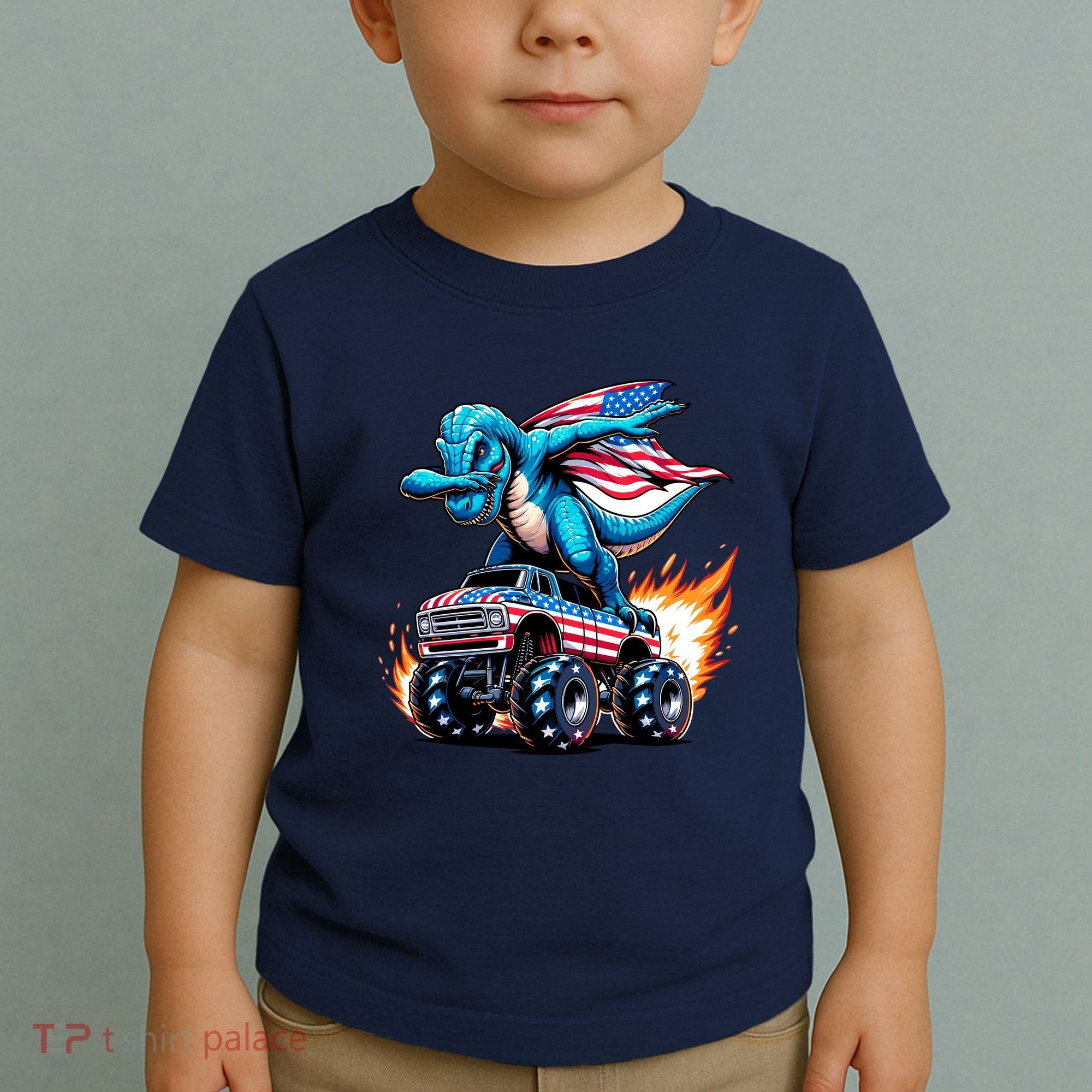 Patriotic T Rex Dabbing Monster Truck Toddler T-Shirt