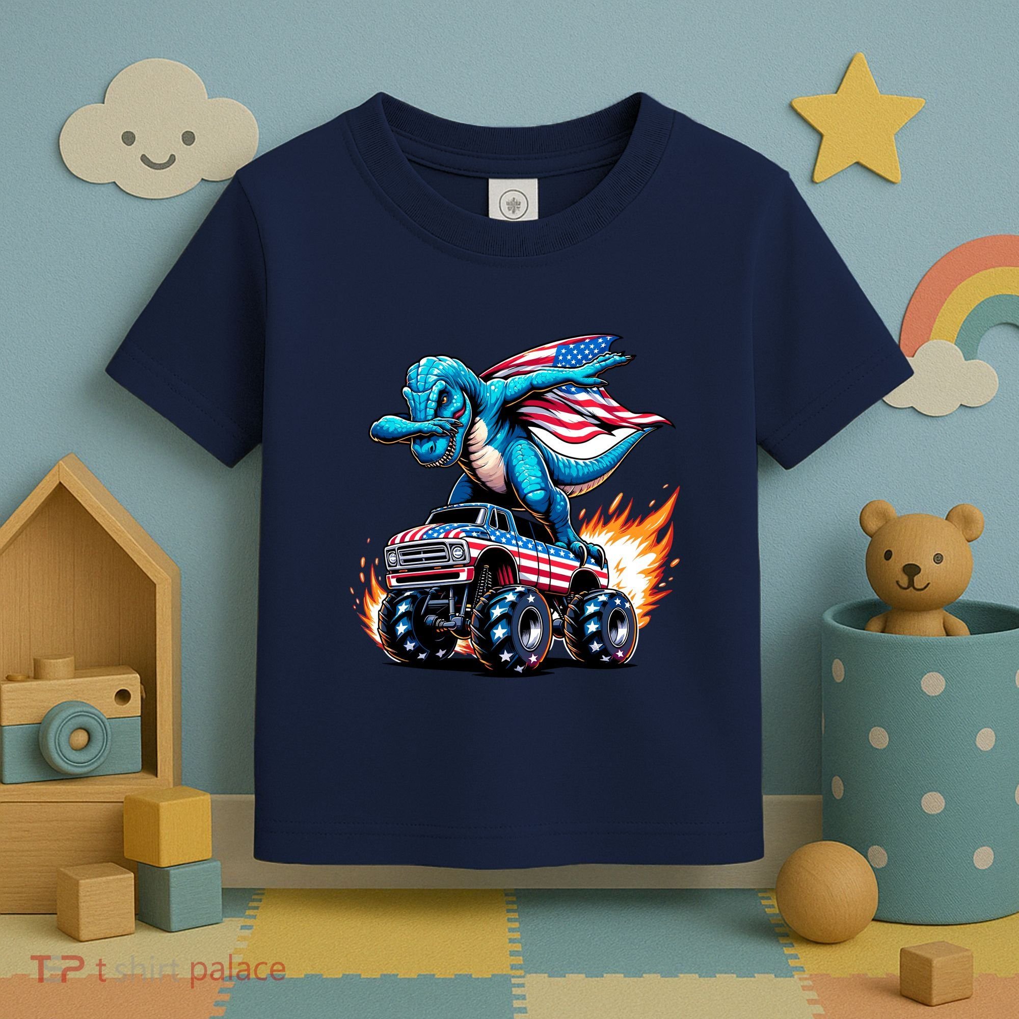 Patriotic T Rex Dabbing Monster Truck Toddler T-Shirt