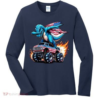 Patriotic T Rex Dabbing Monster Truck Women's Long Sleeve Shirt