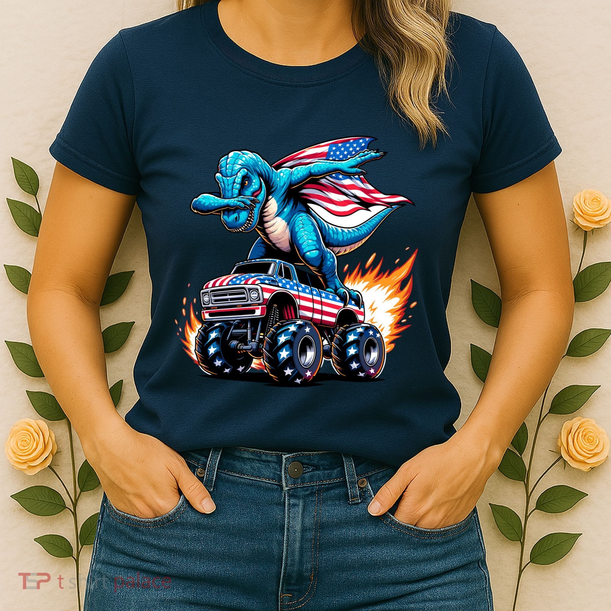 Patriotic T Rex Dabbing Monster Truck Women's T-Shirt