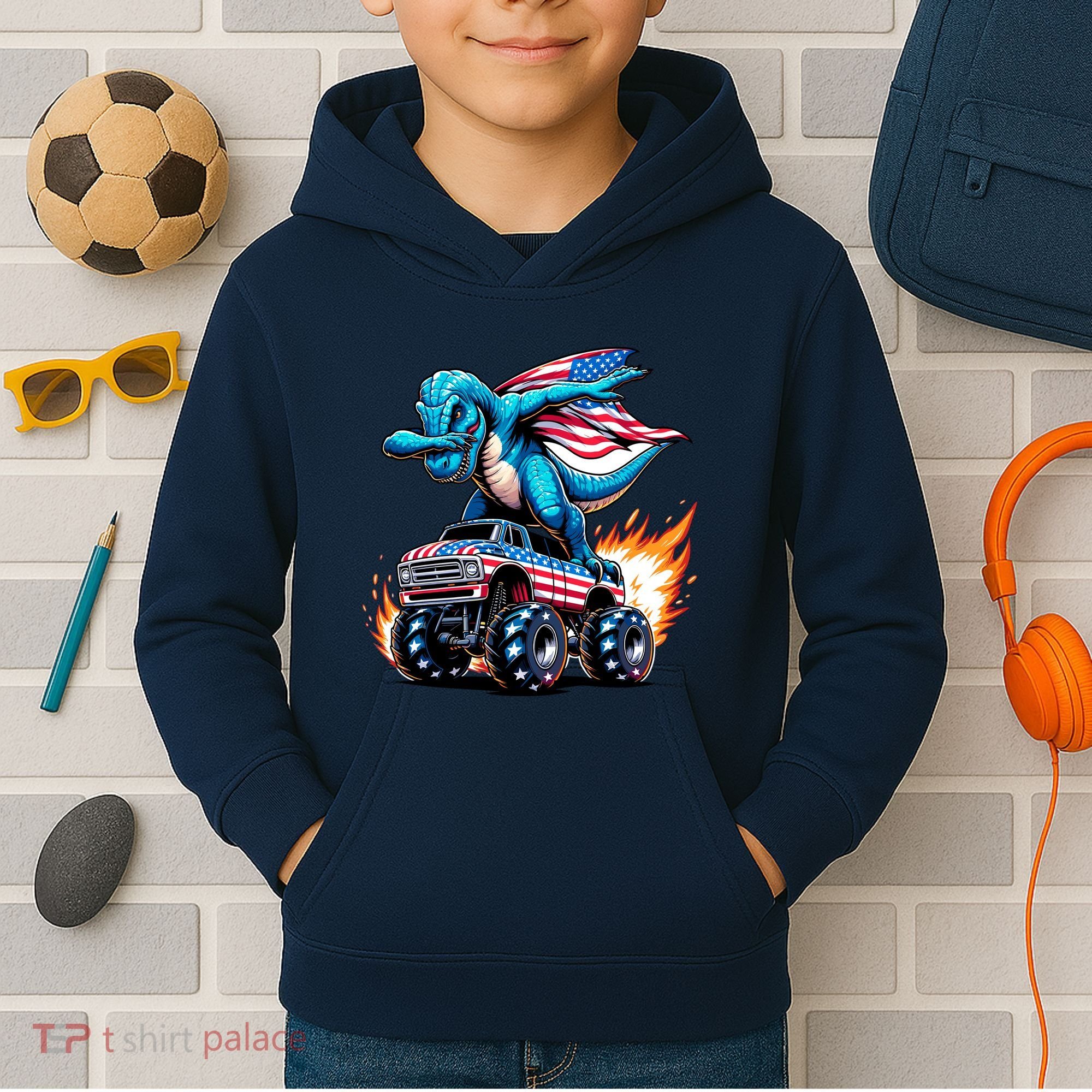 Patriotic T Rex Dabbing Monster Truck Kids Hoodie