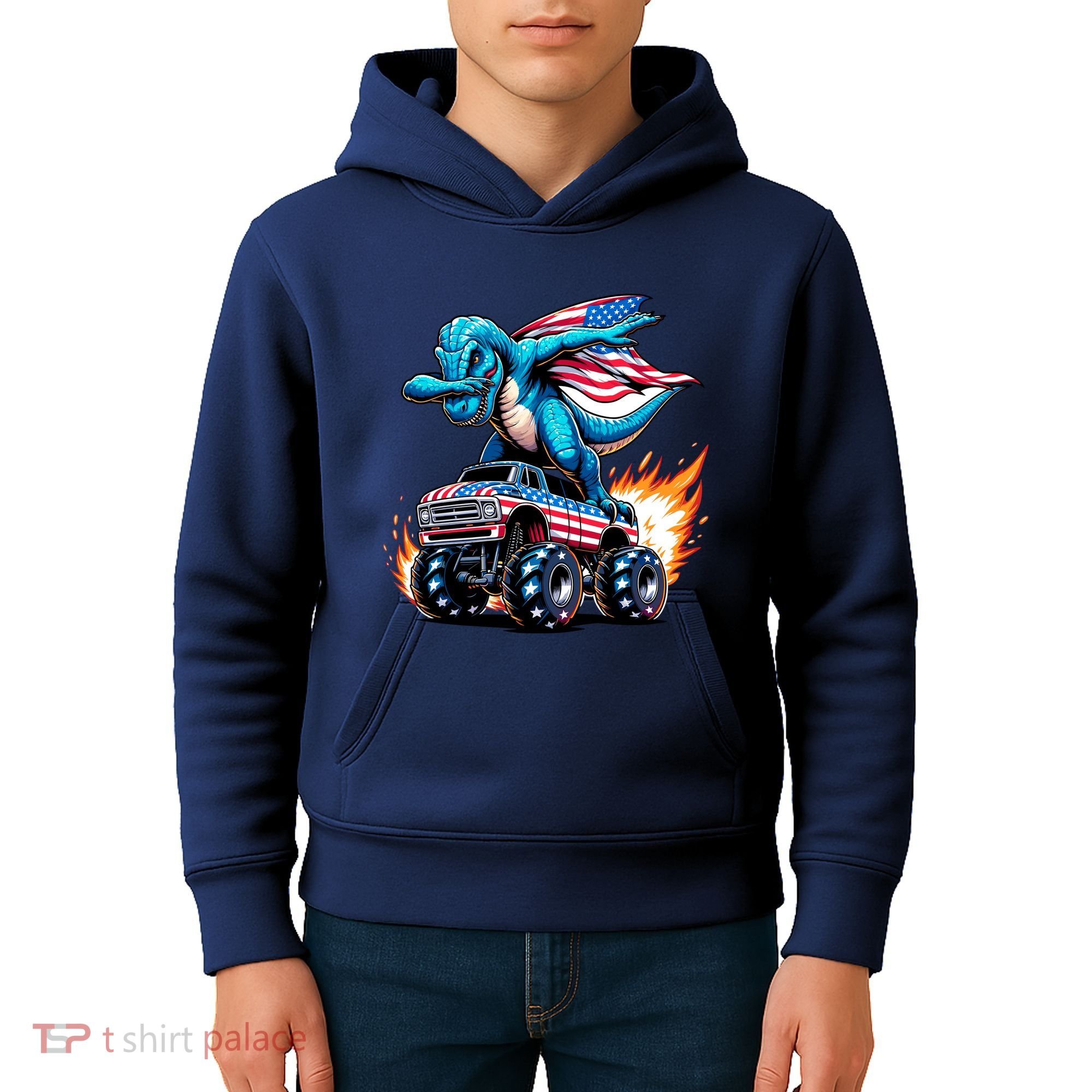 Patriotic T Rex Dabbing Monster Truck Kids Hoodie
