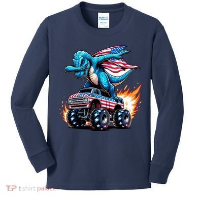 Patriotic T Rex Dabbing Monster Truck Kids Long Sleeve Shirt