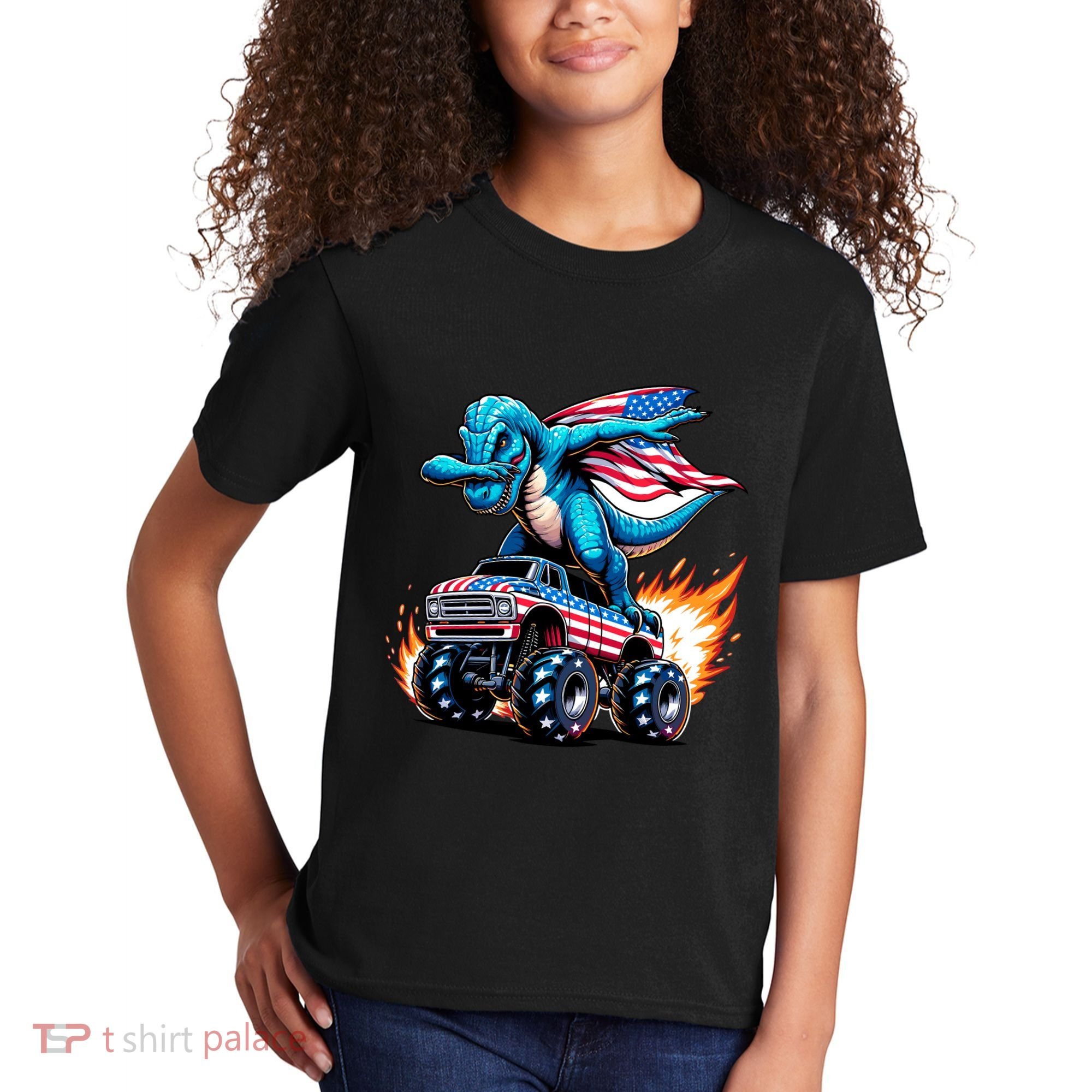 Patriotic T Rex Dabbing Monster Truck Kids T-Shirt