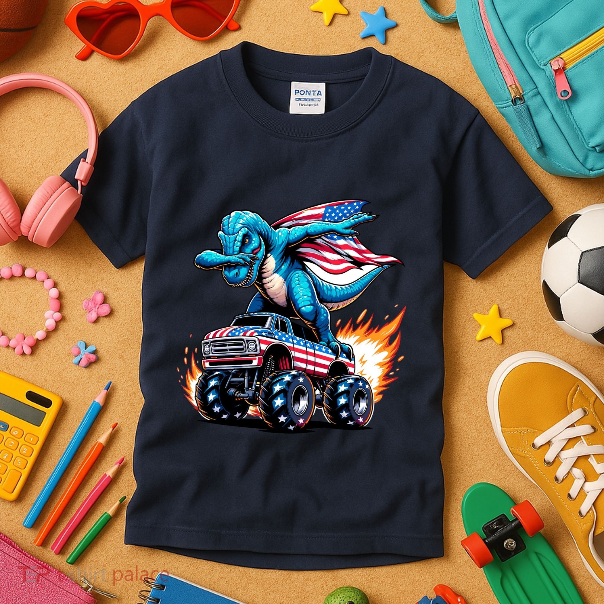 Patriotic T Rex Dabbing Monster Truck Kids T-Shirt