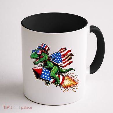 Patriotic T Rex Riding Firework 4th Of July Coffee Mug back