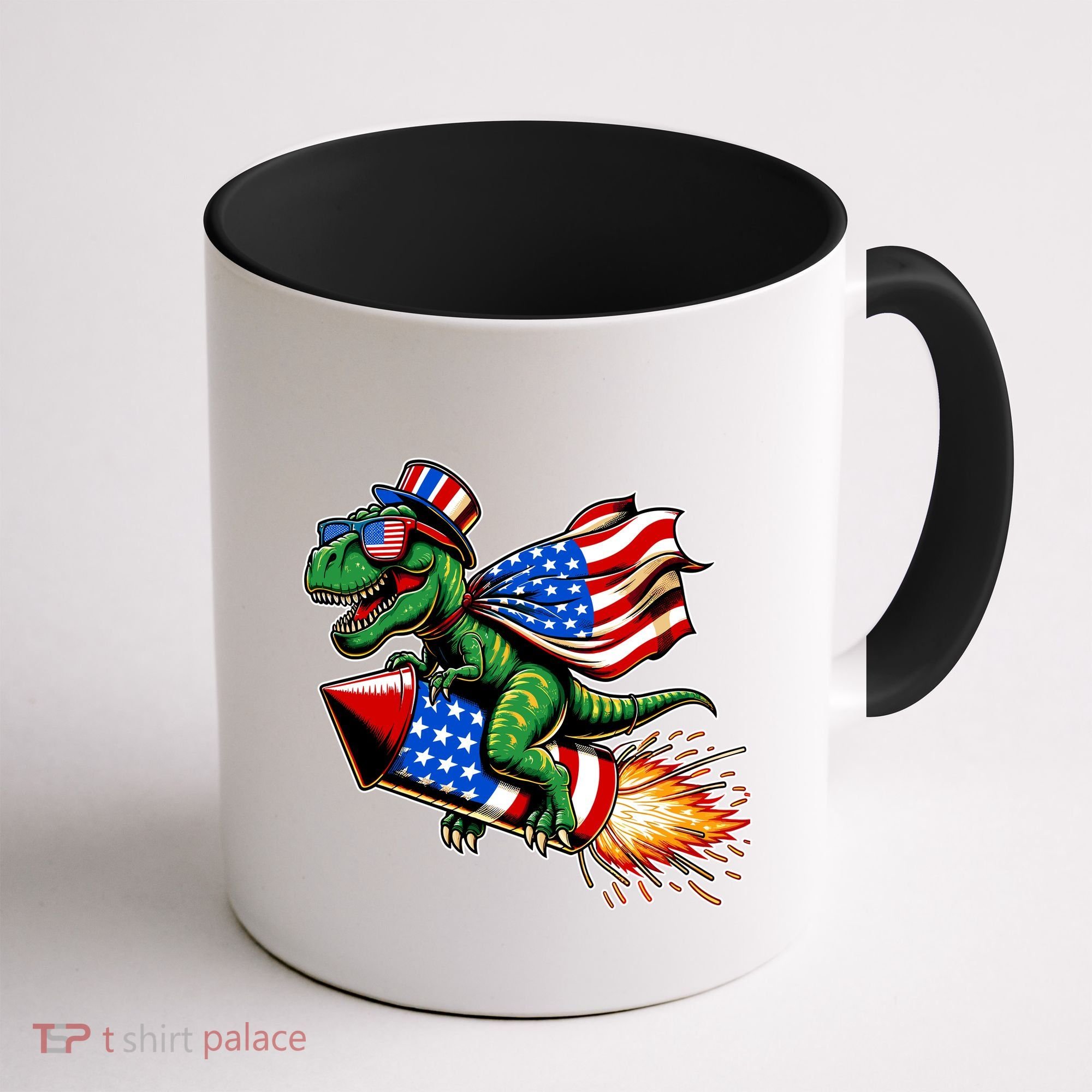 Patriotic T Rex Riding Firework 4th Of July Coffee Mug