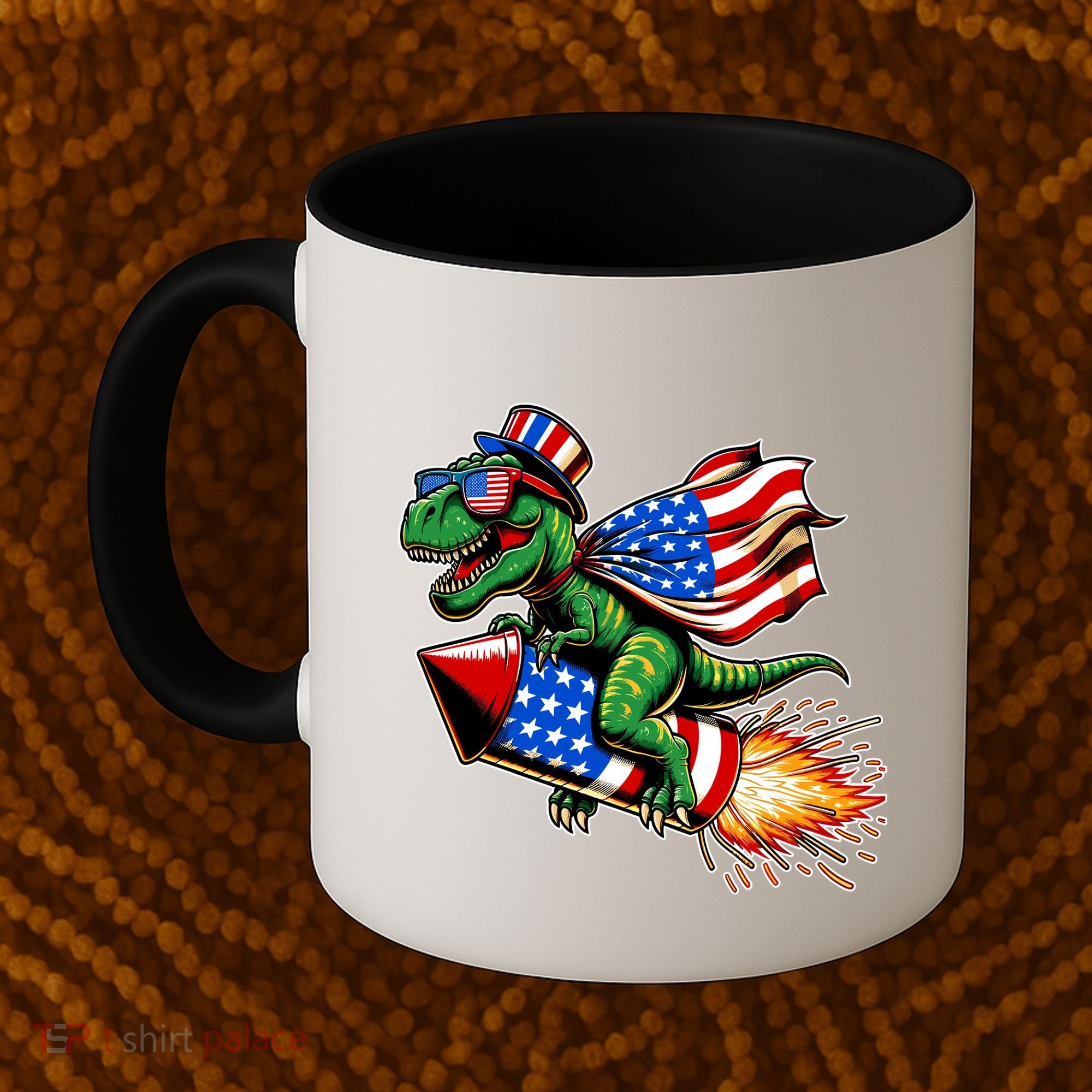 Patriotic T Rex Riding Firework 4th Of July Coffee Mug