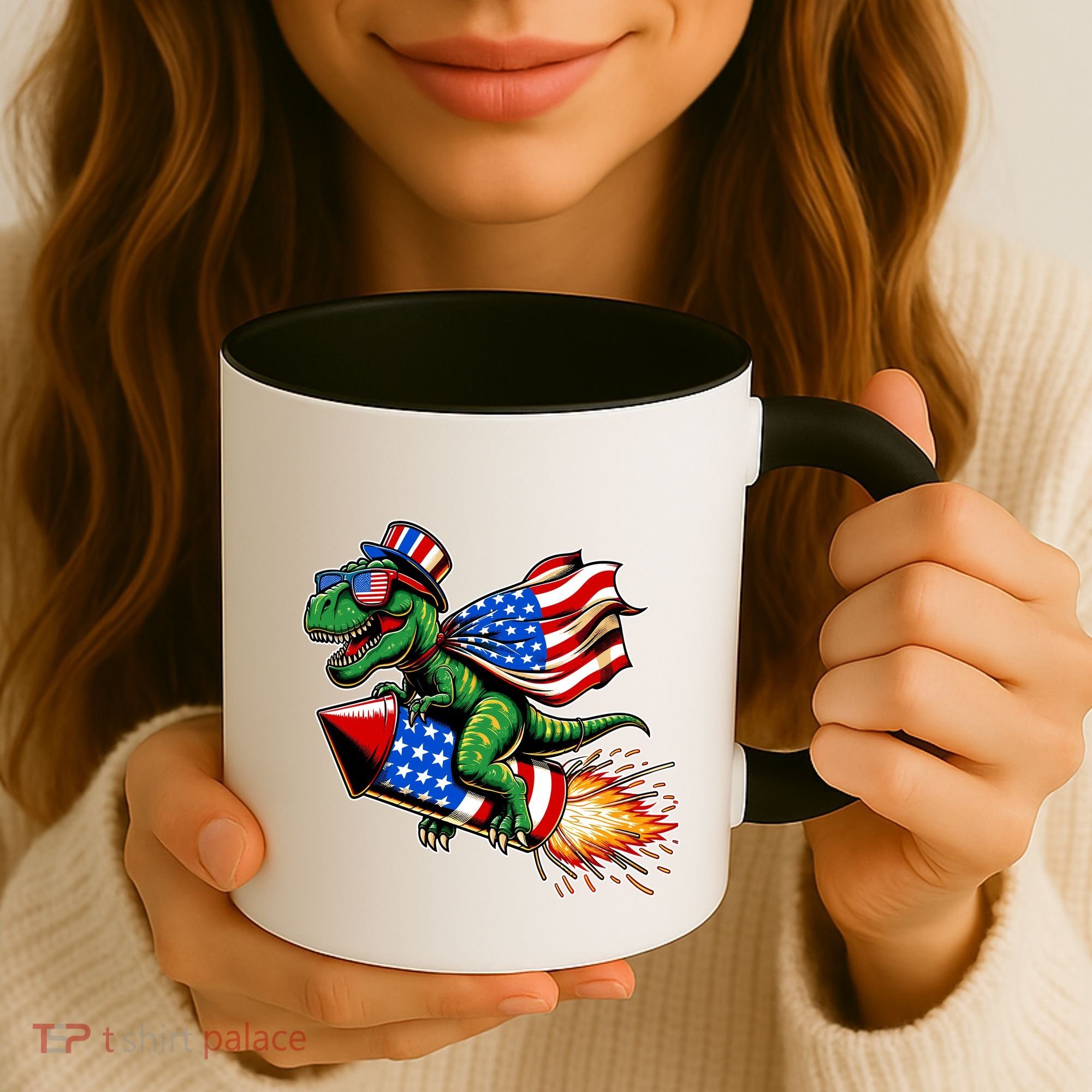 Patriotic T Rex Riding Firework 4th Of July Coffee Mug