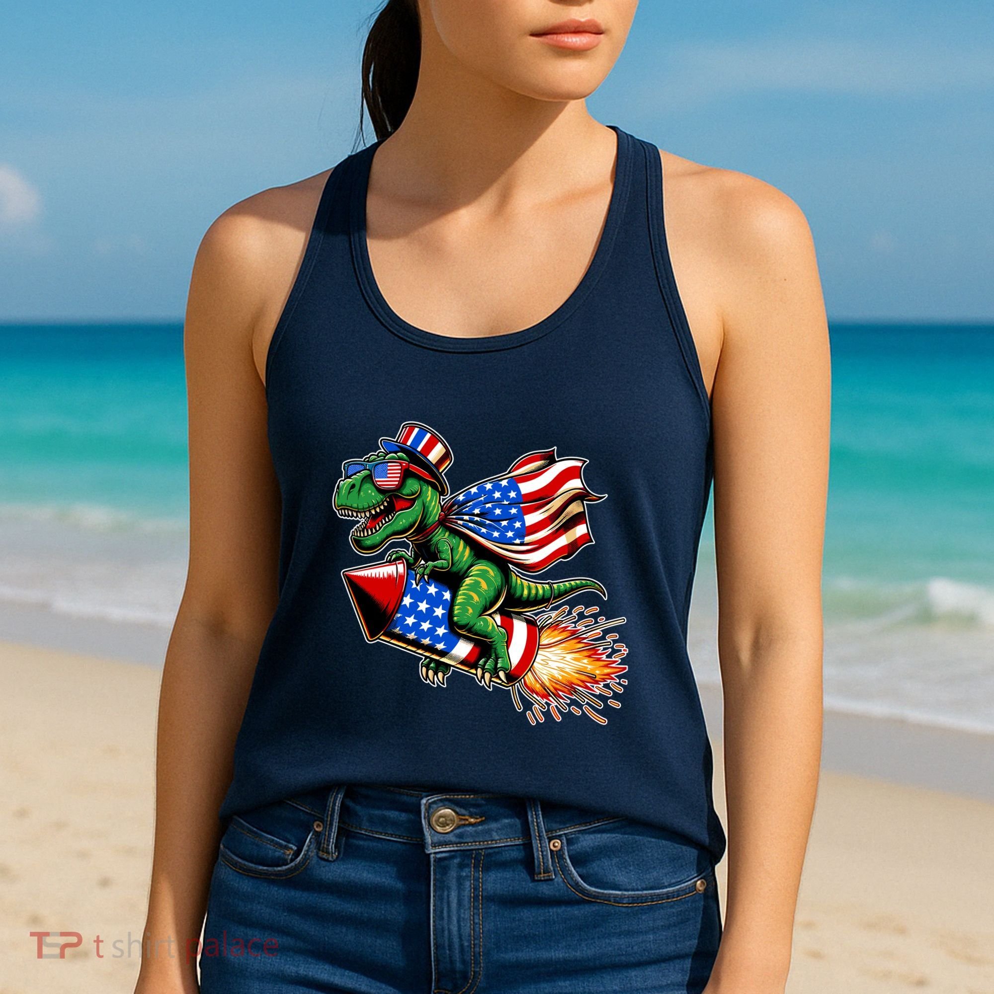 Patriotic T Rex Riding Firework 4th Of July Women's Tank Top