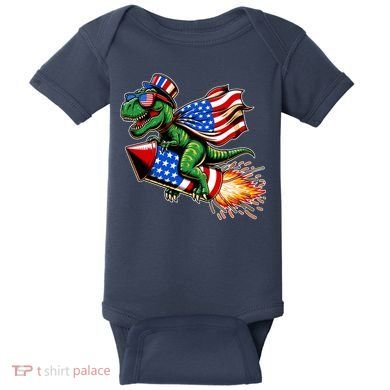 Patriotic T Rex Riding Firework 4th Of July Baby Bodysuit