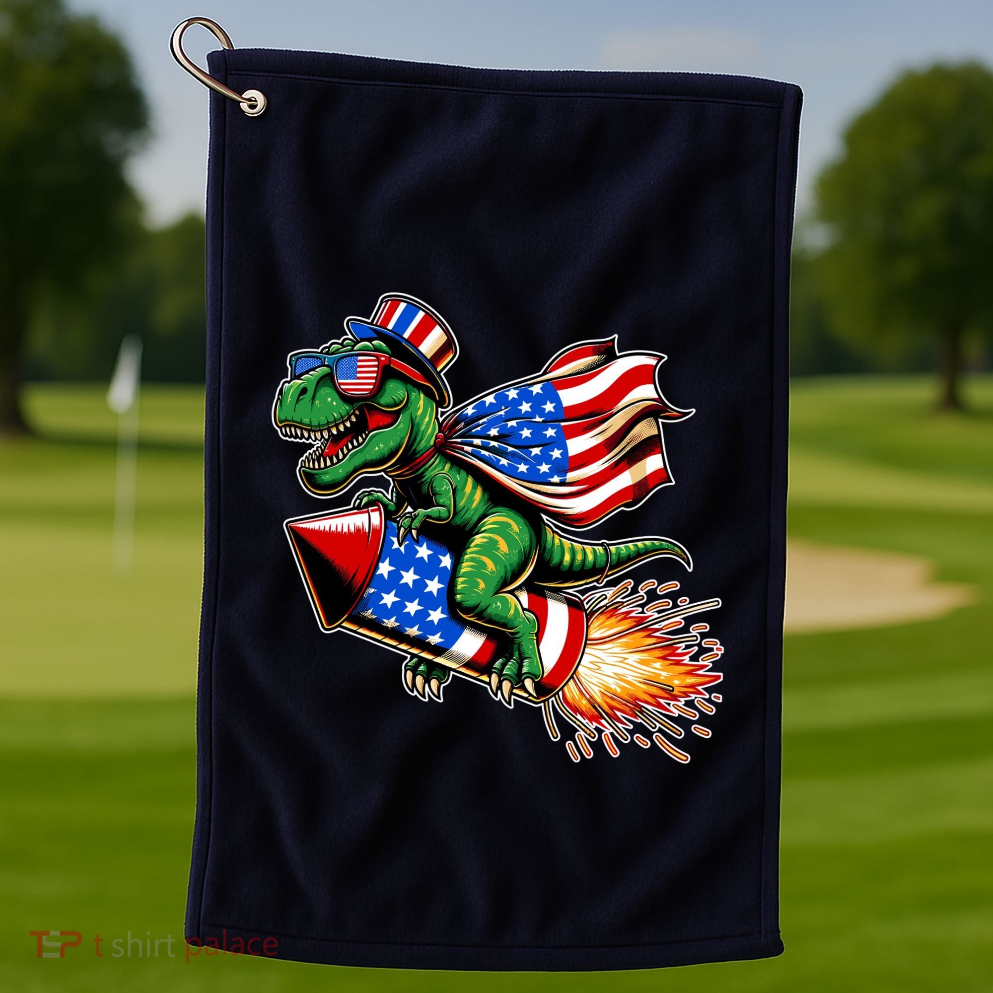 Patriotic T Rex Riding Firework 4th Of July Golf Towel