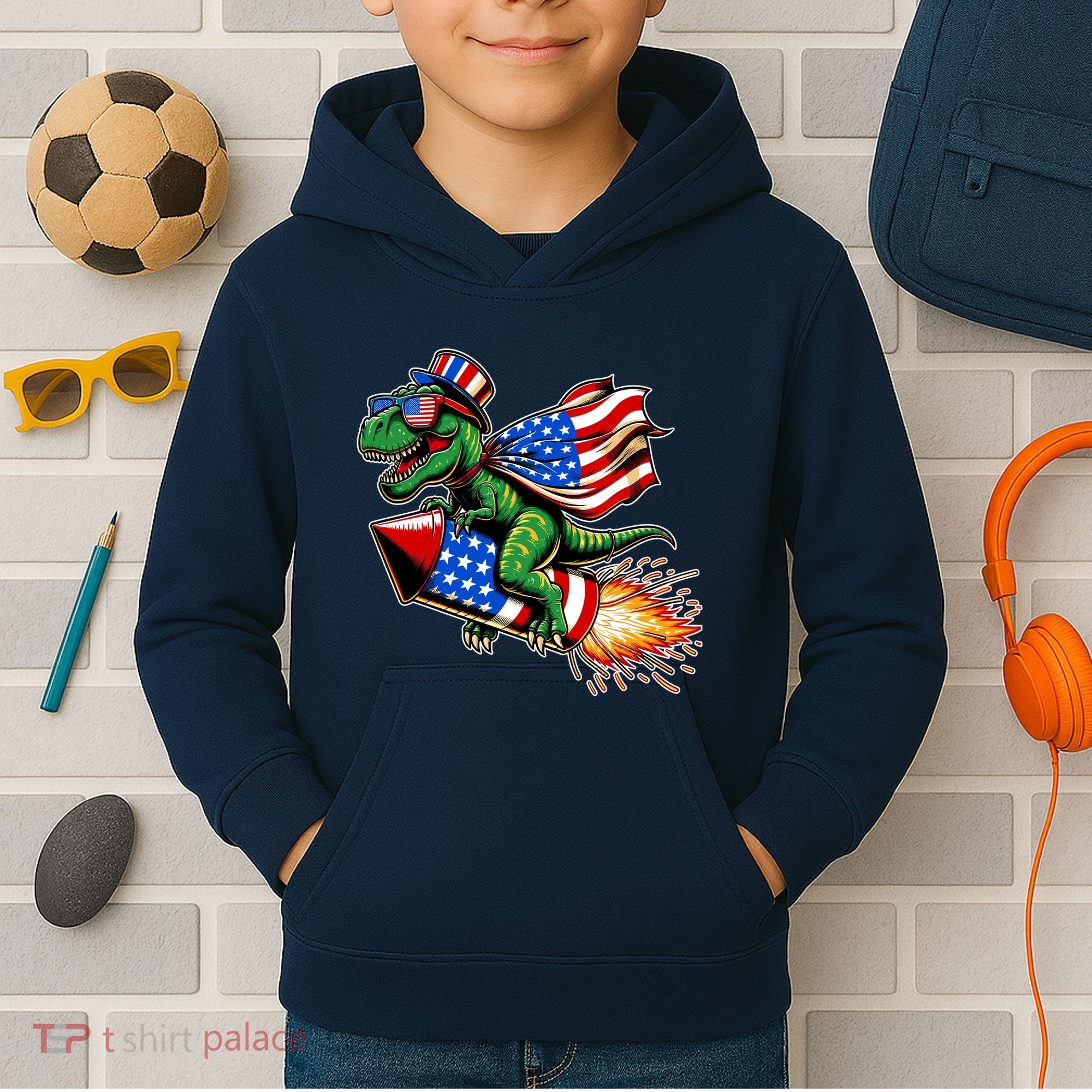 Patriotic T Rex Riding Firework 4th Of July Kids Hoodie