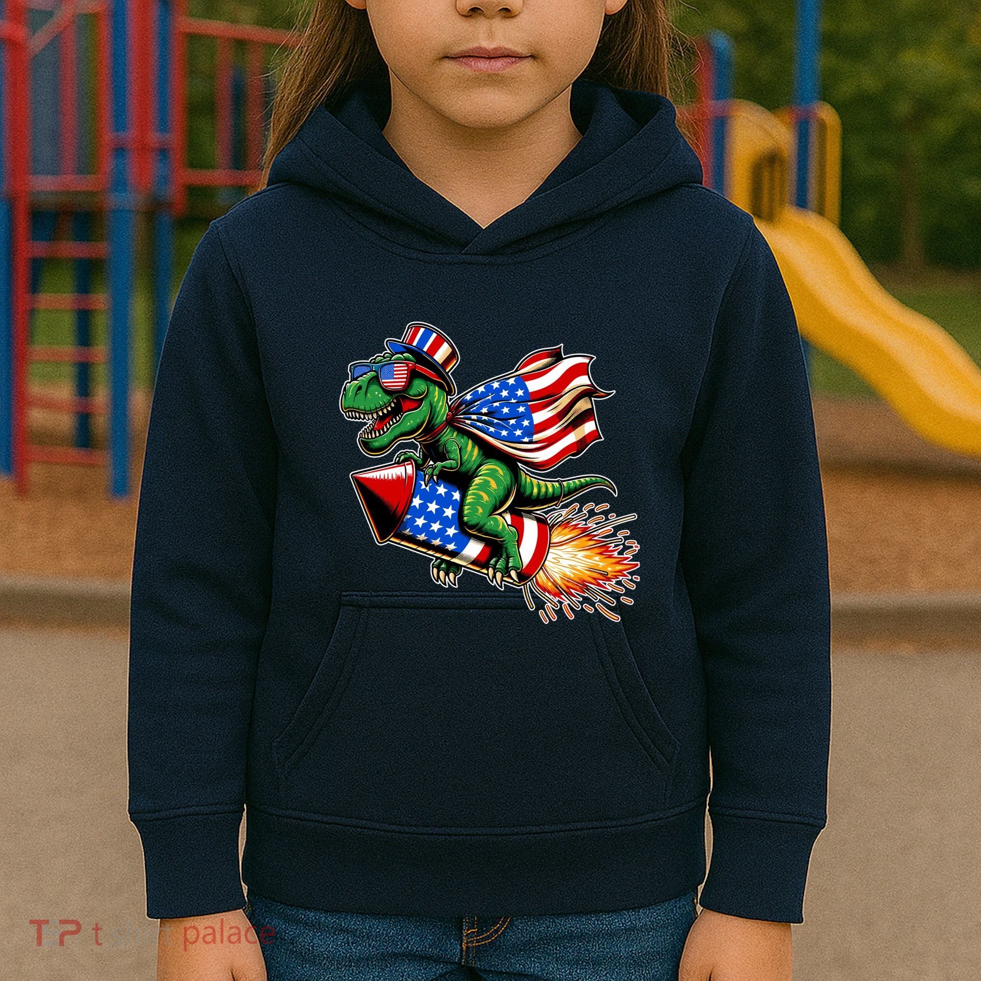 Patriotic T Rex Riding Firework 4th Of July Kids Hoodie