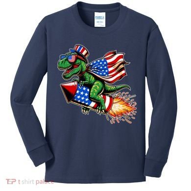 Patriotic T Rex Riding Firework 4th Of July Kids Long Sleeve Shirt