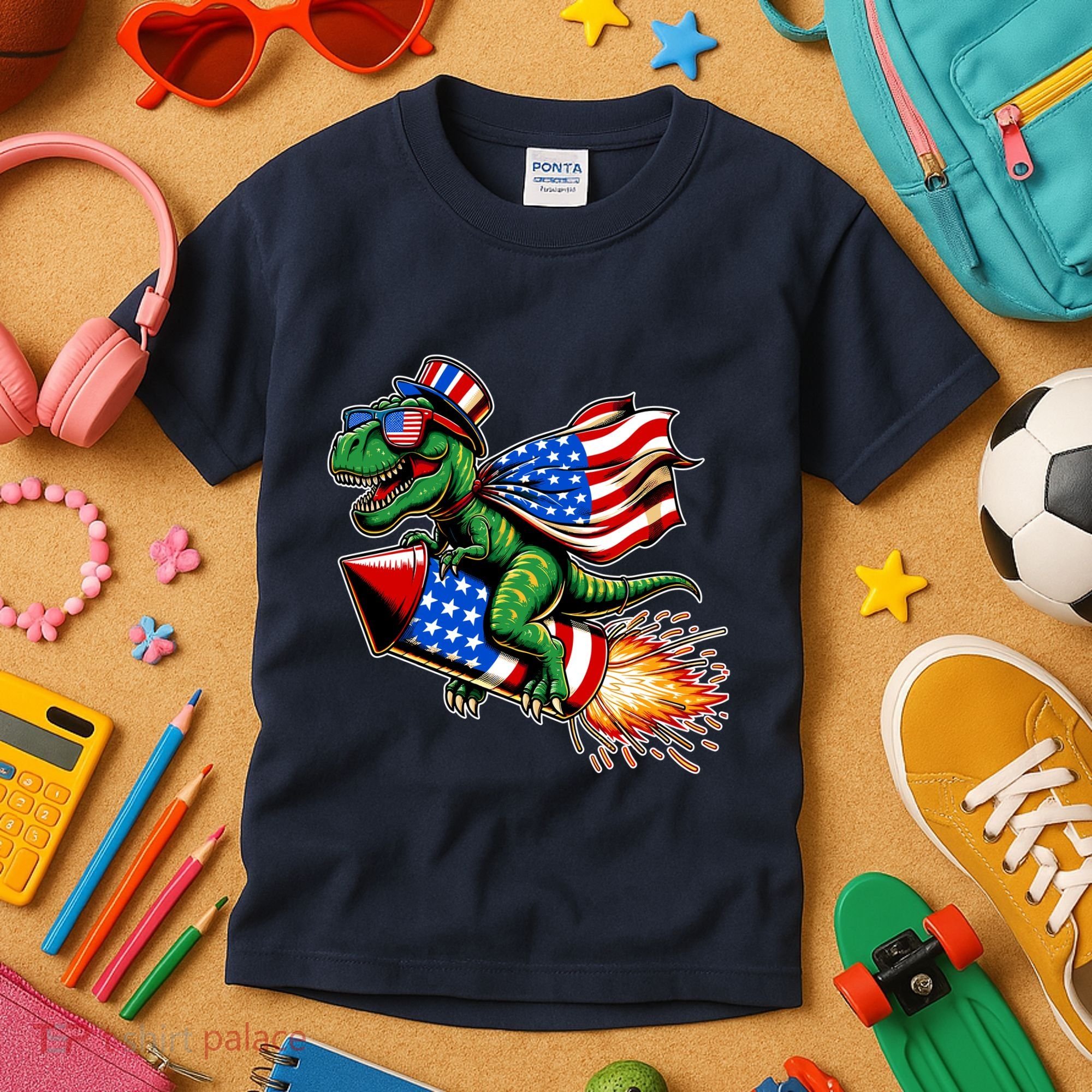 Patriotic T Rex Riding Firework 4th Of July Kids T-Shirt