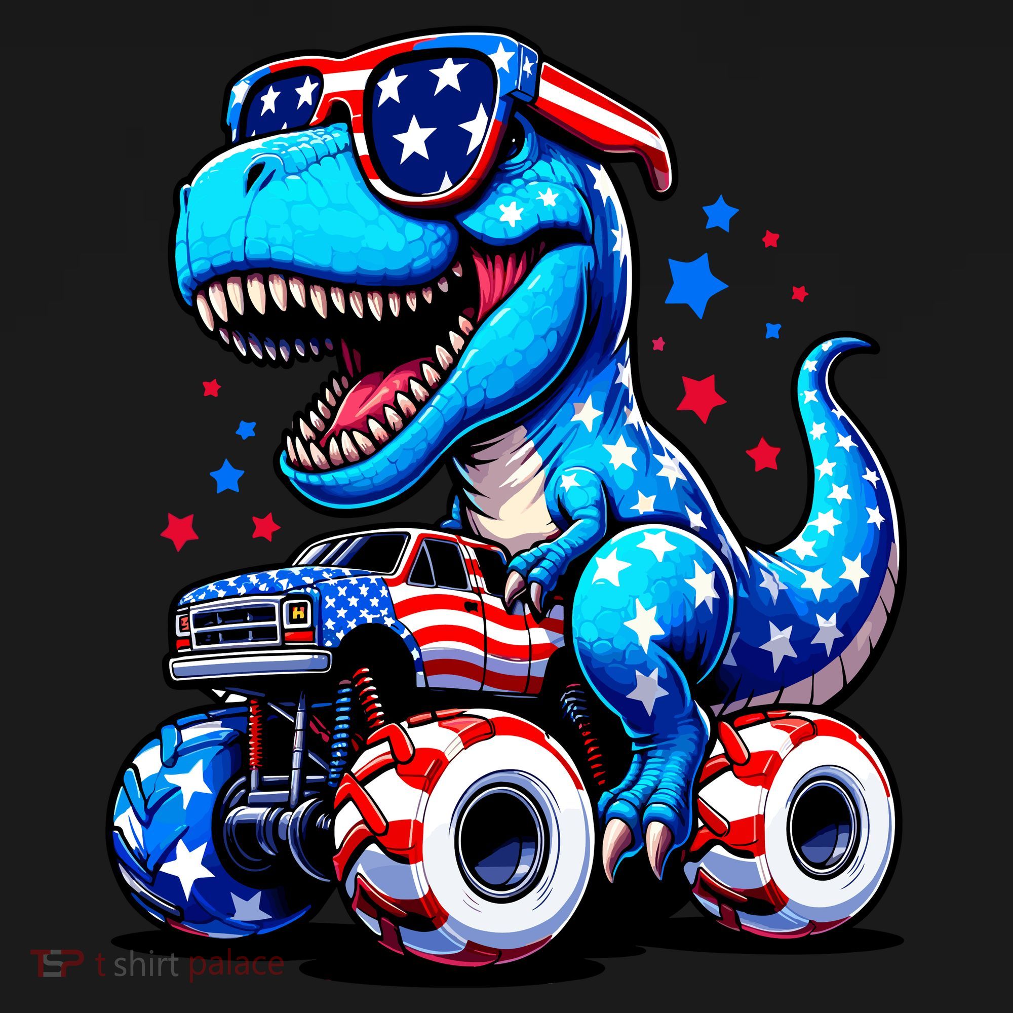 Patriotic T Rex Riding Monster Truck Bucket Hat