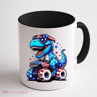 Patriotic T Rex Riding Monster Truck Coffee Mug back