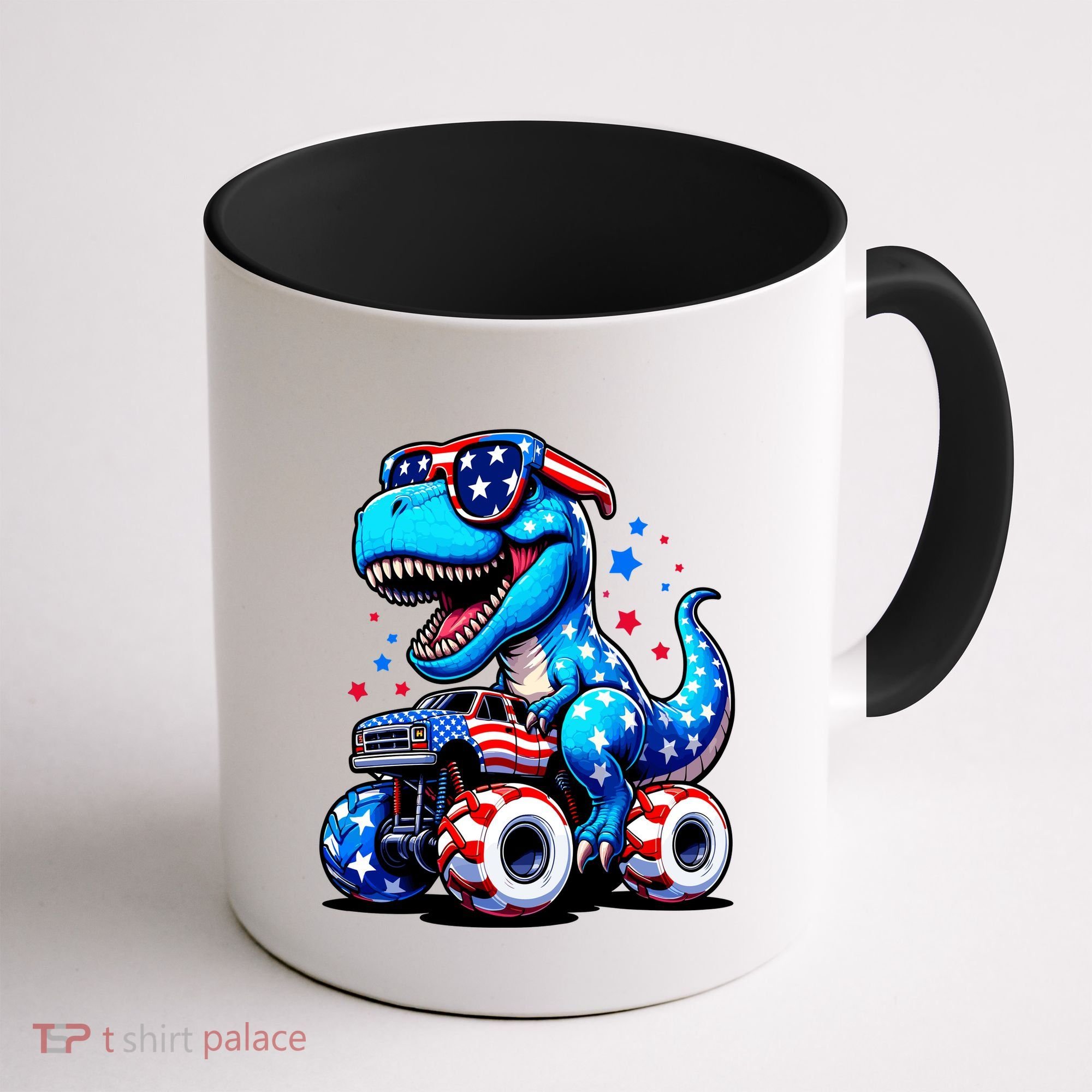 Patriotic T Rex Riding Monster Truck Coffee Mug