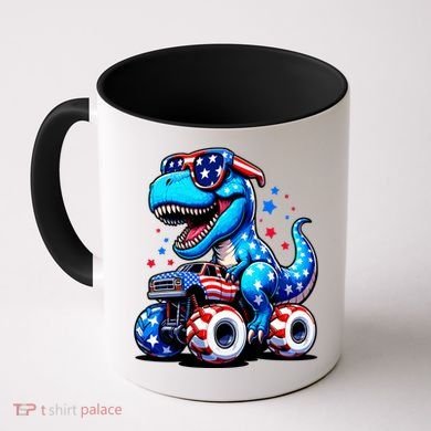 Patriotic T Rex Riding Monster Truck Coffee Mug