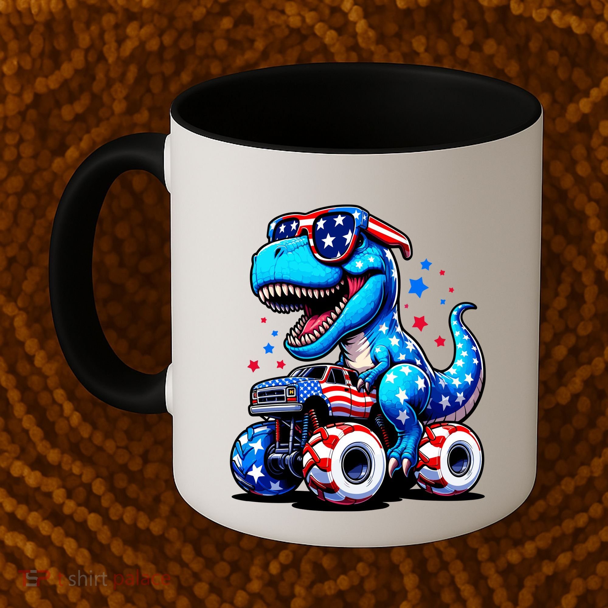 Patriotic T Rex Riding Monster Truck Coffee Mug