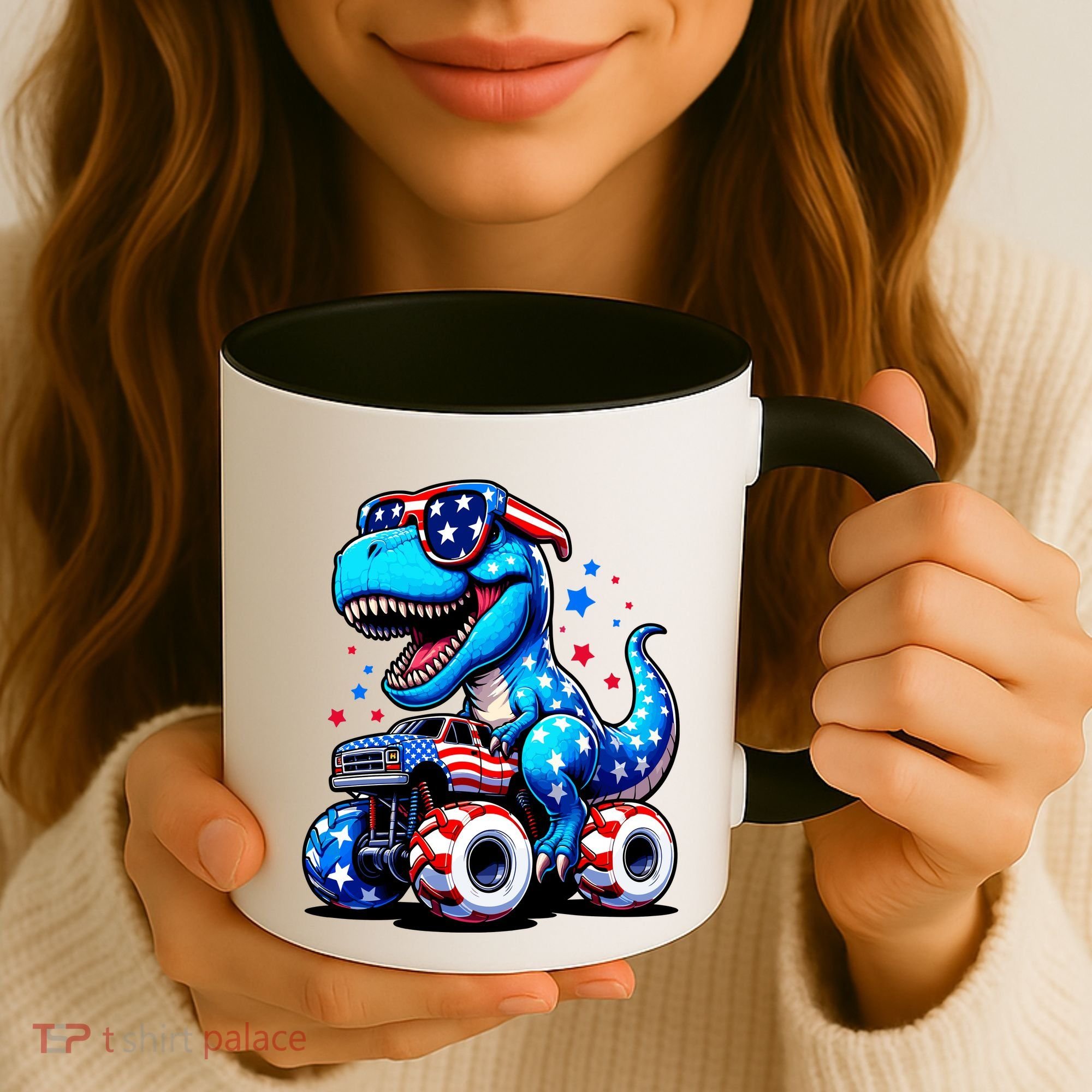 Patriotic T Rex Riding Monster Truck Coffee Mug