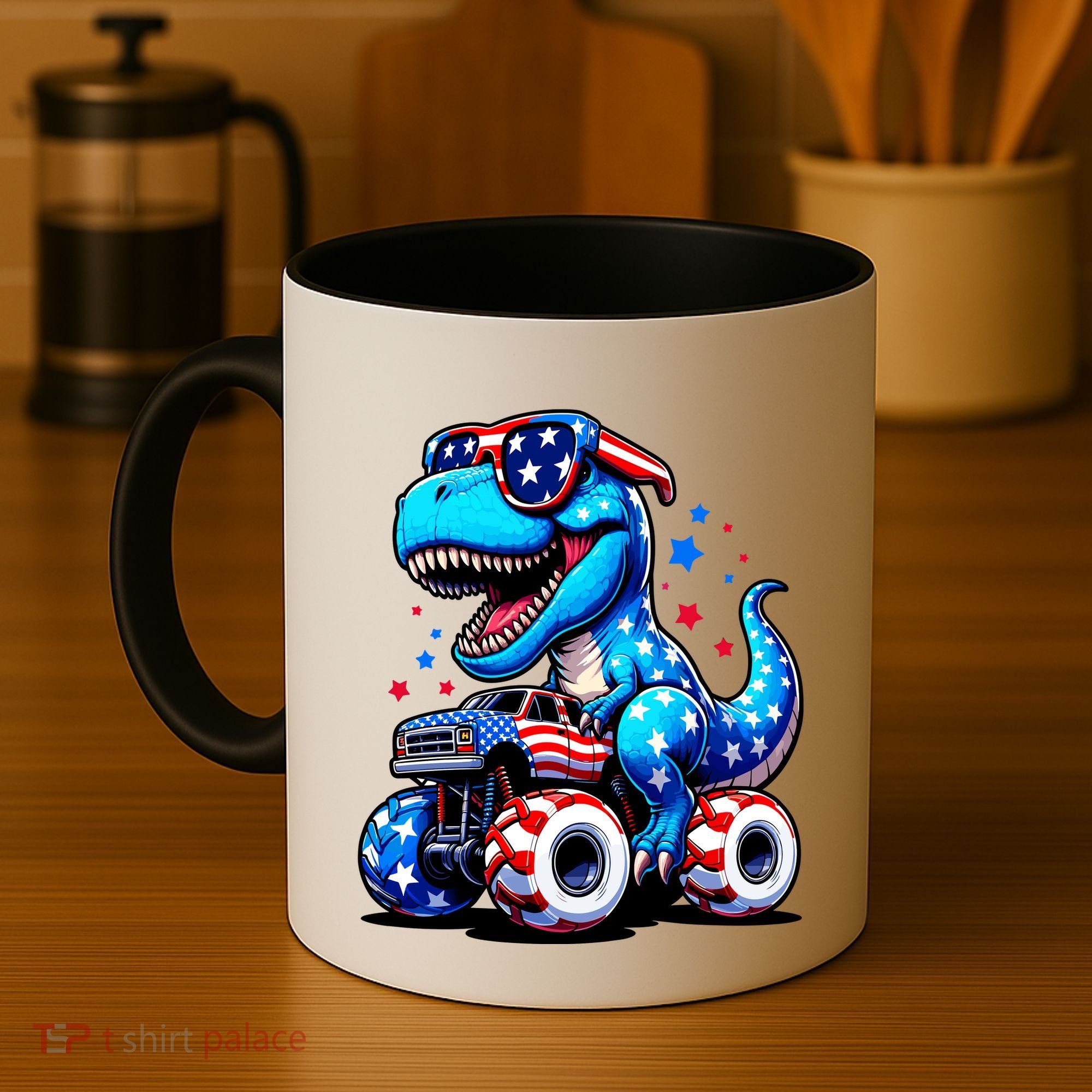 Patriotic T Rex Riding Monster Truck Coffee Mug