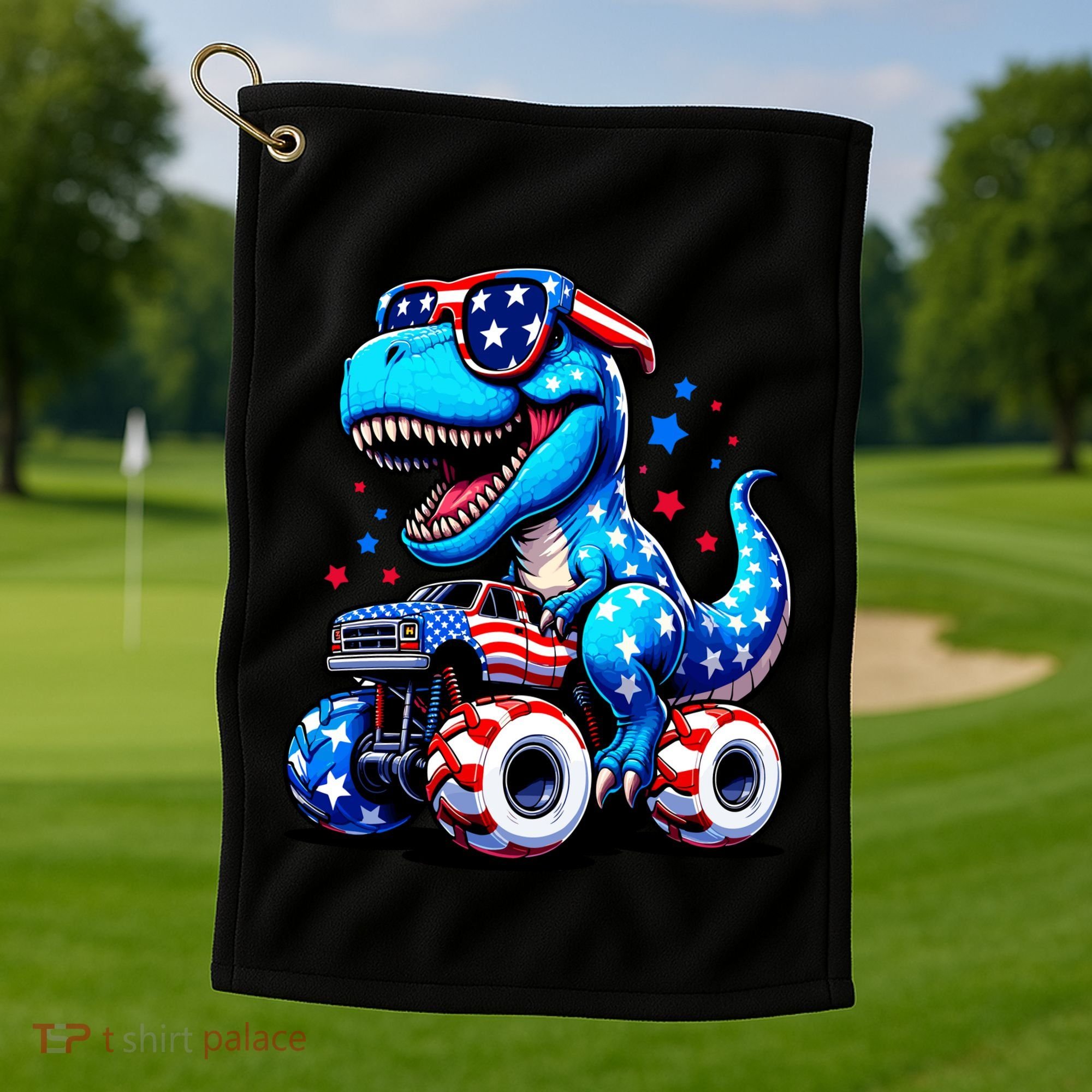 Patriotic T Rex Riding Monster Truck Golf Towel
