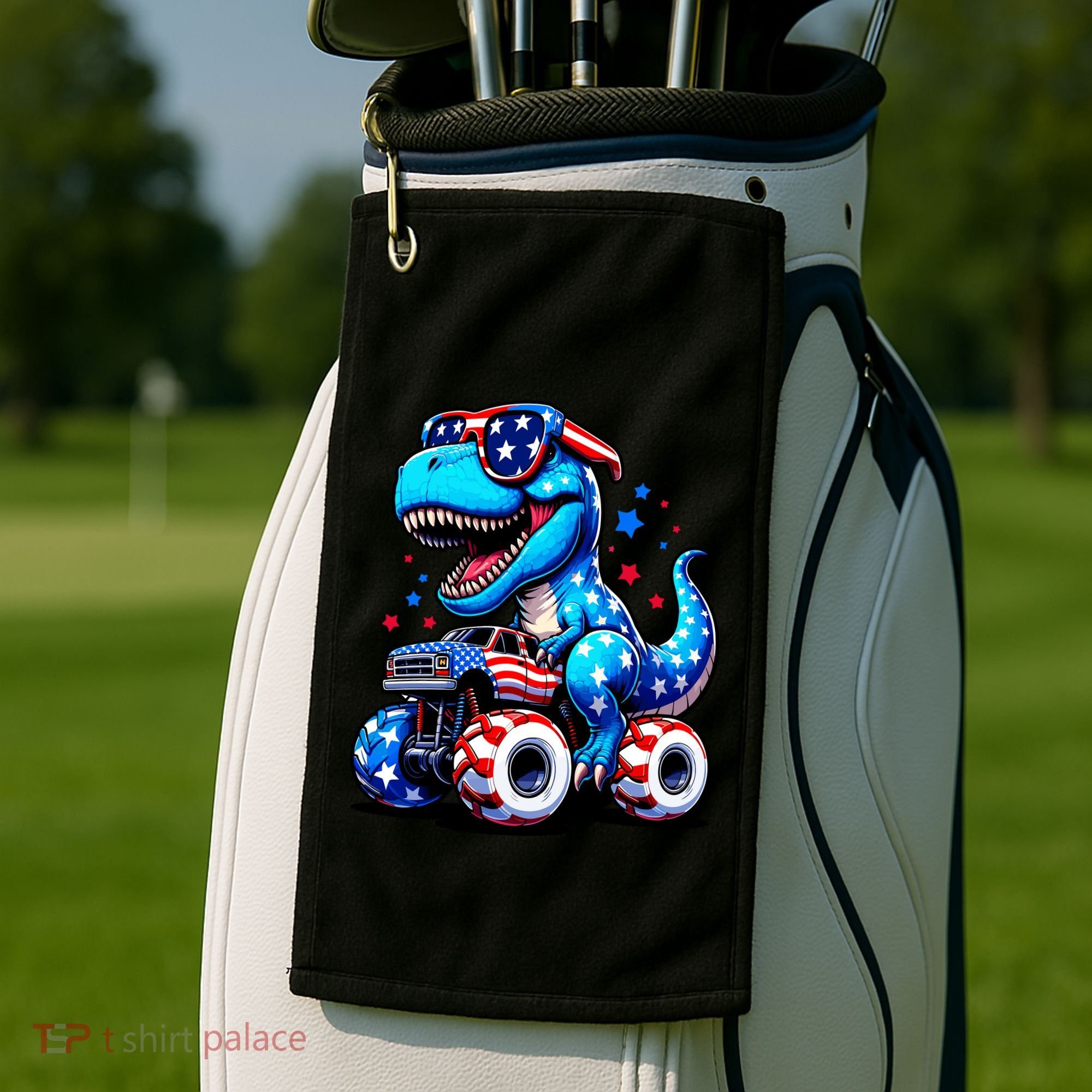 Patriotic T Rex Riding Monster Truck Golf Towel