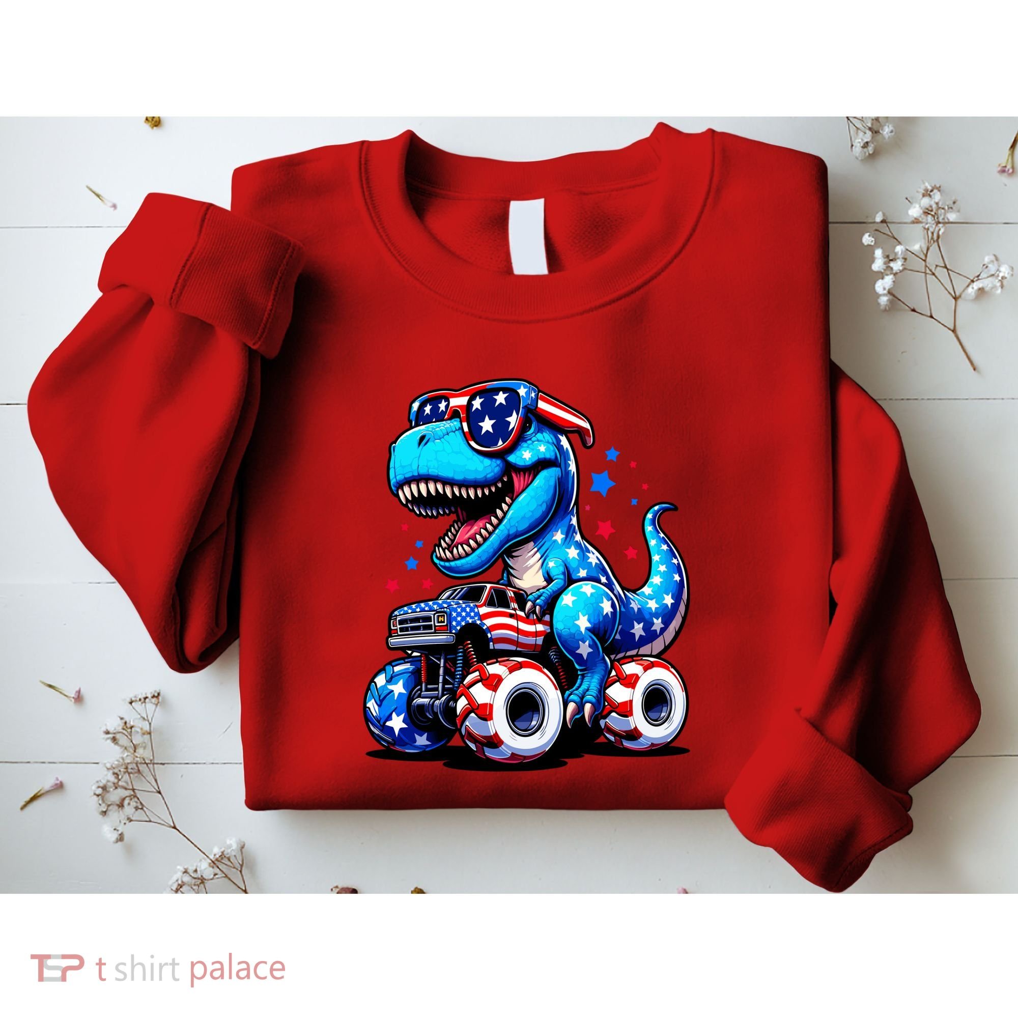 Patriotic T Rex Riding Monster Truck Sweatshirt
