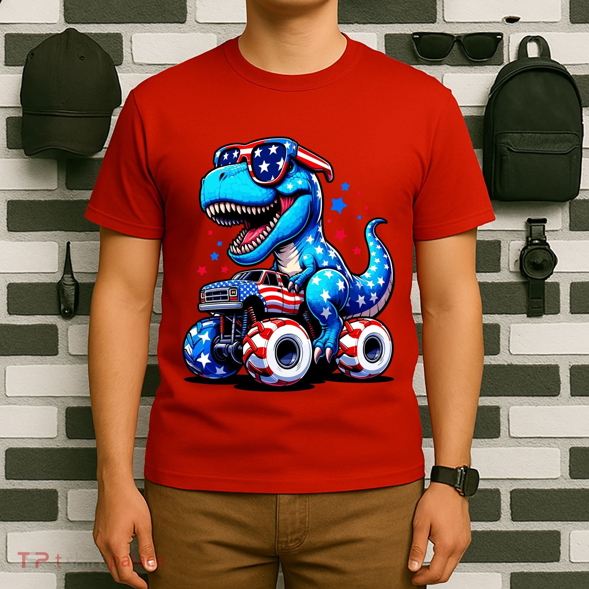 Patriotic T Rex Riding Monster Truck T-Shirt