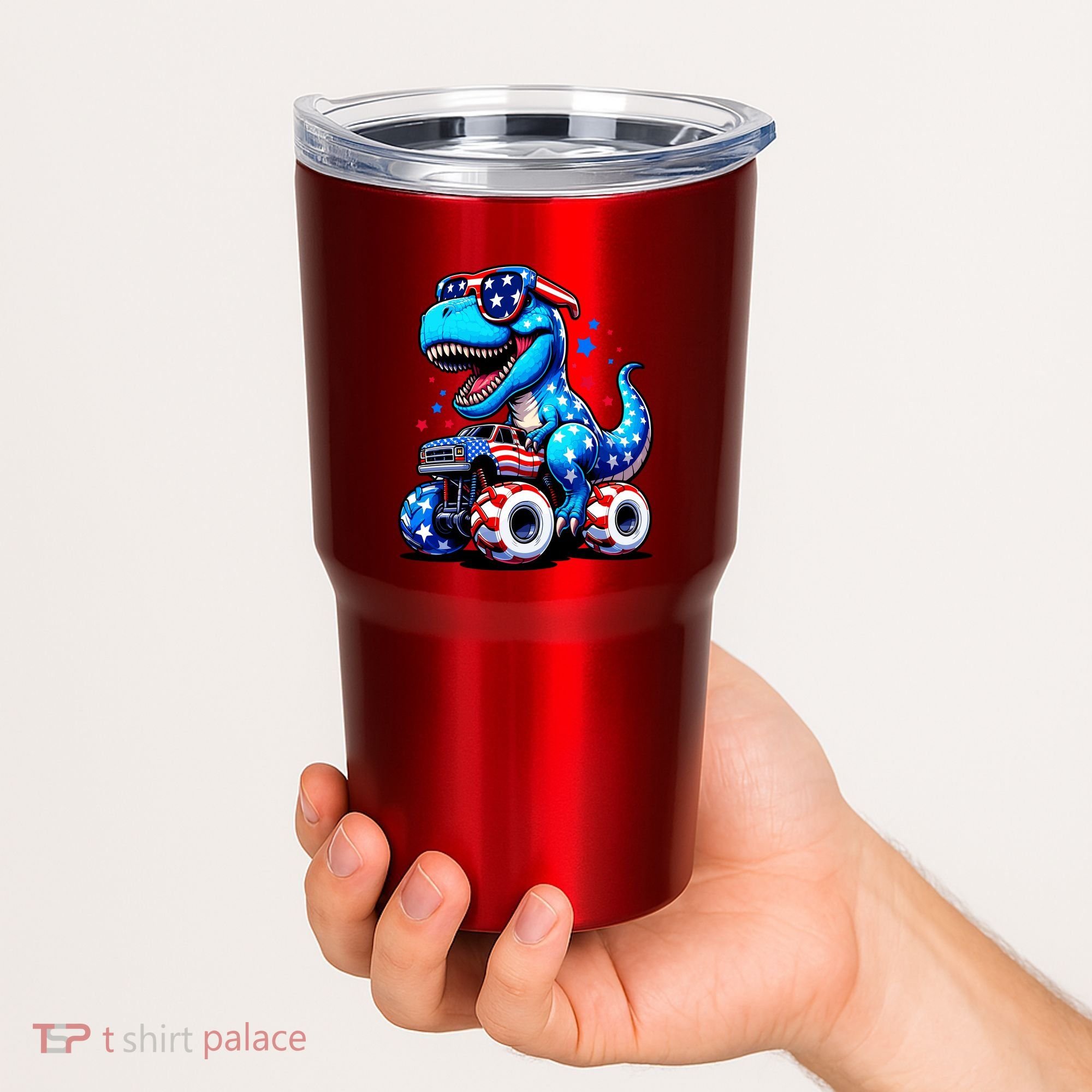 Patriotic T Rex Riding Monster Truck Tumbler