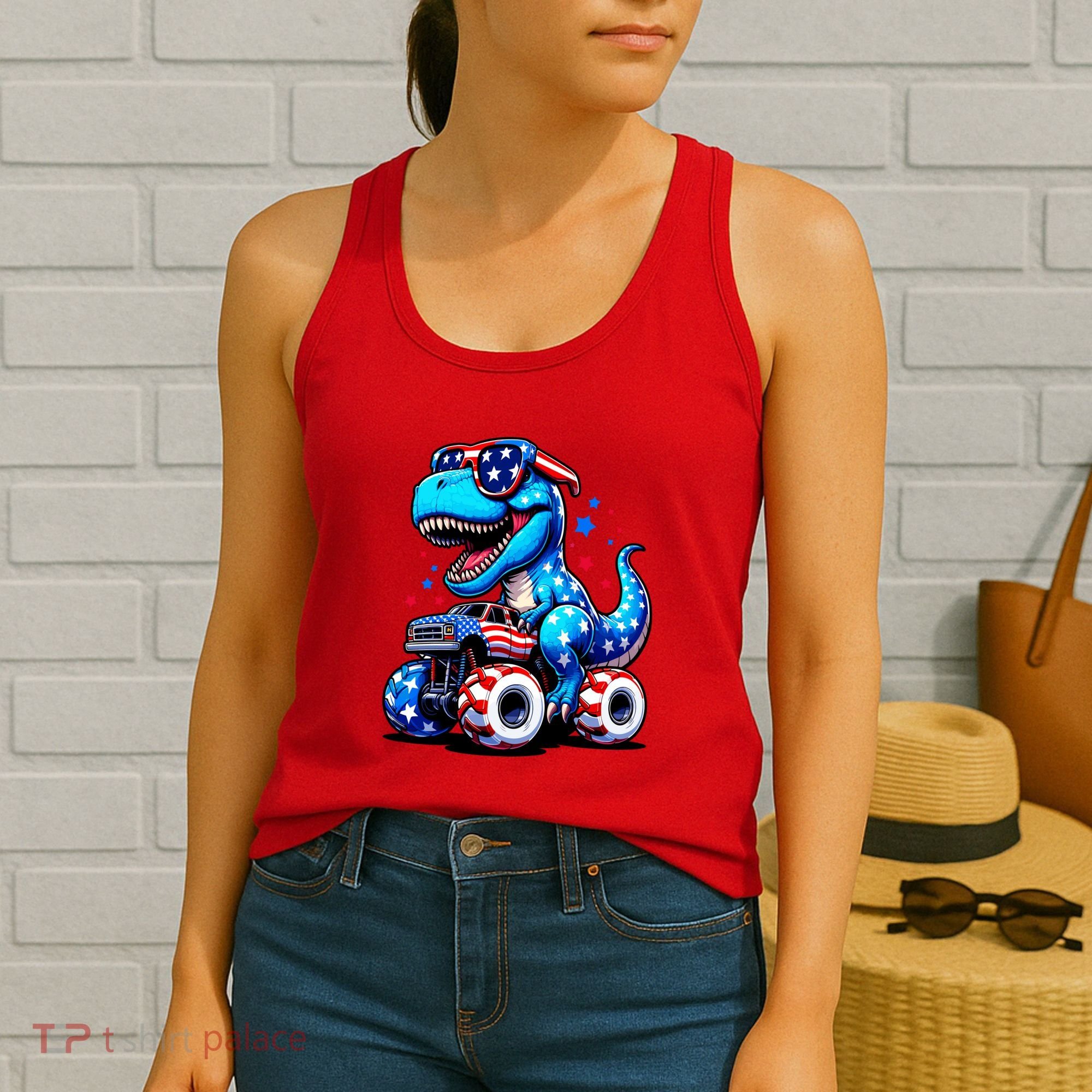Patriotic T Rex Riding Monster Truck Women's Tank Top