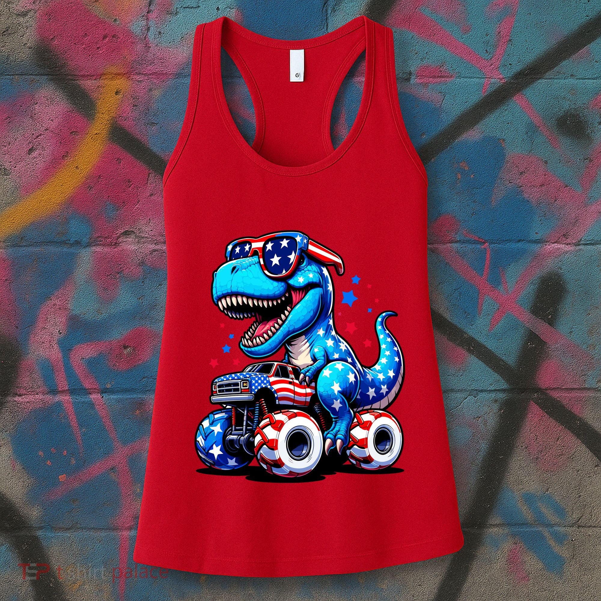 Patriotic T Rex Riding Monster Truck Women's Tank Top
