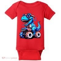 Patriotic T Rex Riding Monster Truck Baby Bodysuit thumb 0