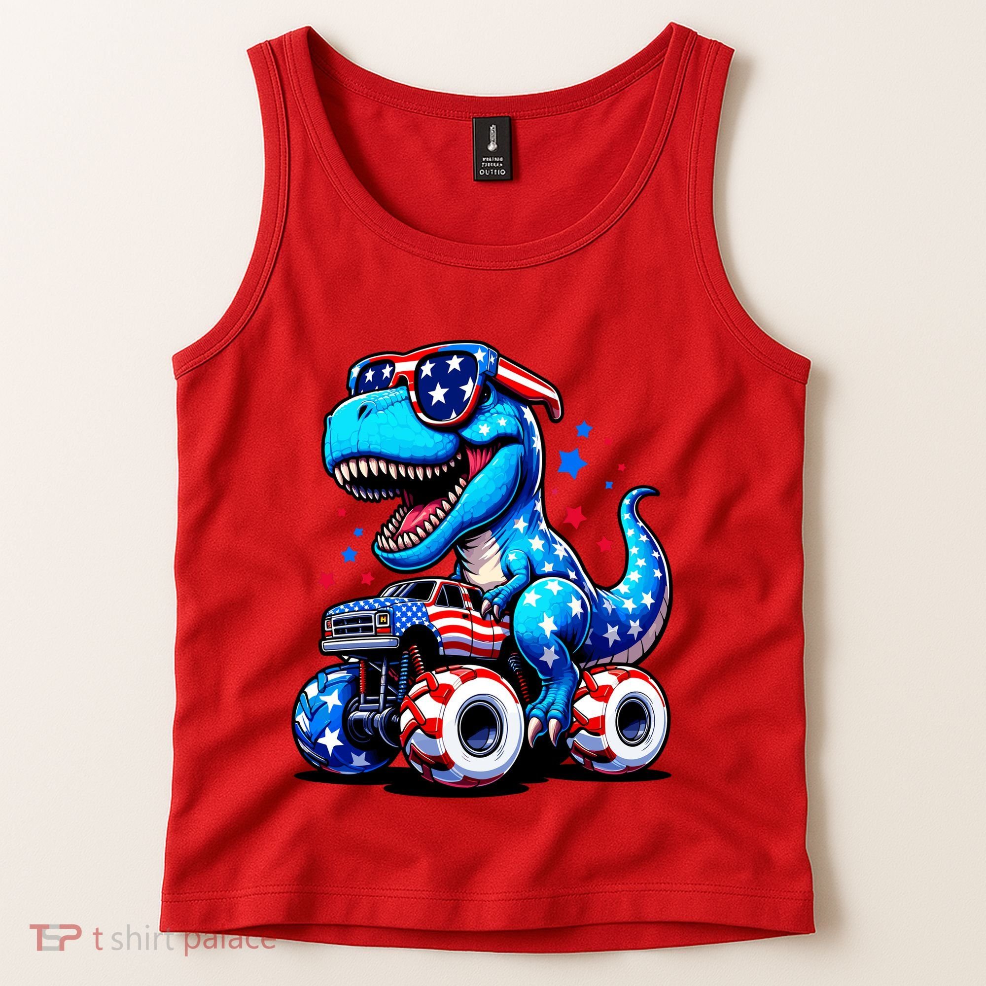 Patriotic T Rex Riding Monster Truck Tank Top