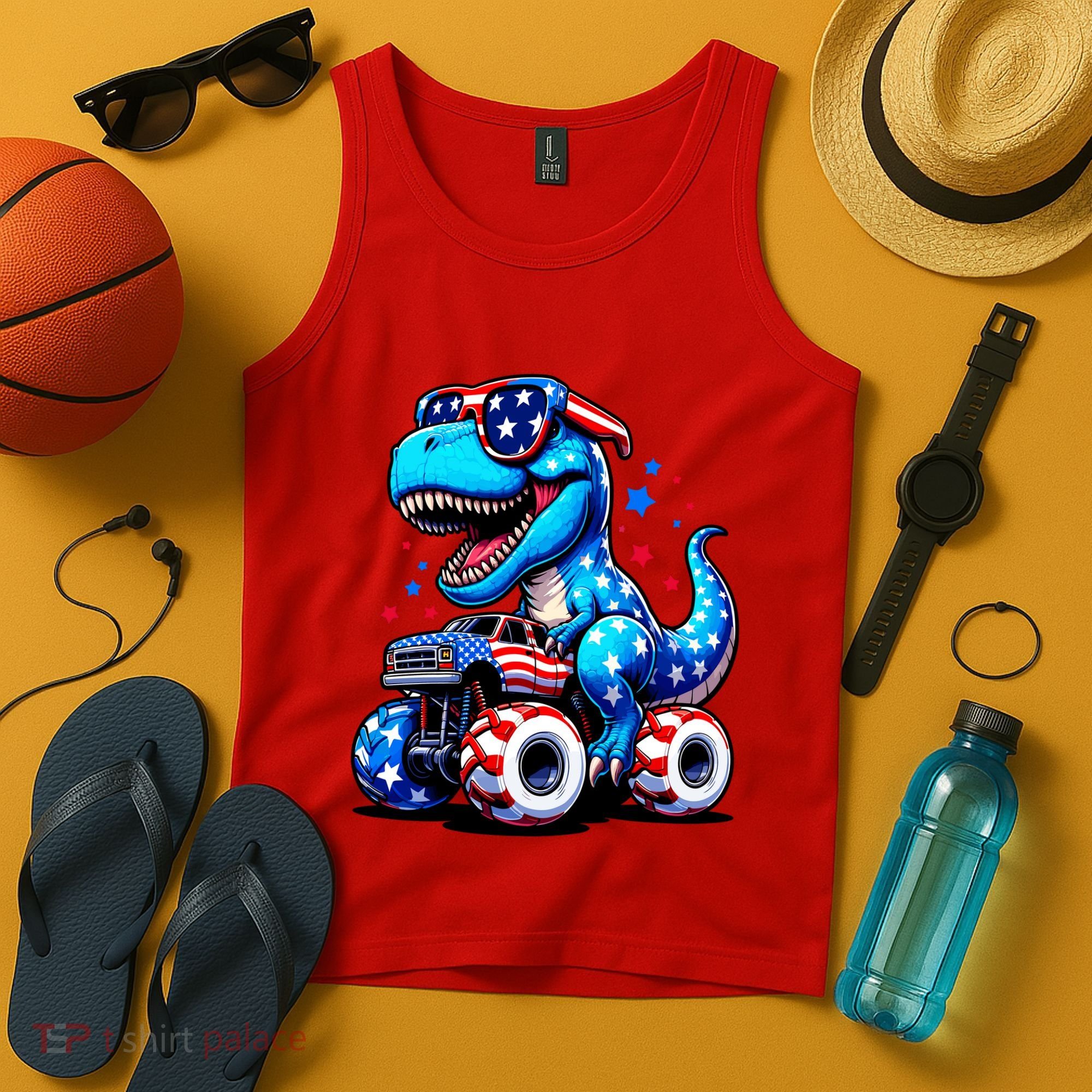 Patriotic T Rex Riding Monster Truck Tank Top
